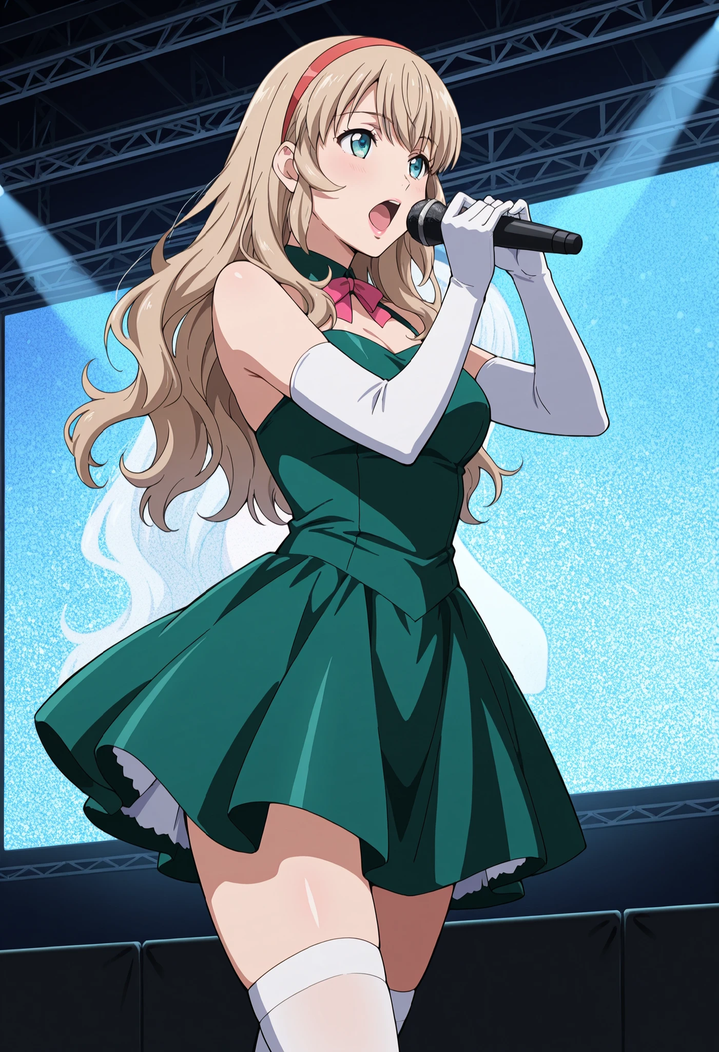 Score_9, score_8_up, score_7_up, source_anime, sonken chuubou, solo, long hair, light brown hair, wavy hair, red hairband, sidelocks, aqua eyes, (best quality), (high quality), {masterpiece}, extremely delicate and beautiful, ultra-detailed, beautiful detailed eyes, idol, idol costume, green dress, white elbow gloves, white thighhighs, holding microphone, on stage, screen, multi colored light, dynamic pose, singing, pink lips, open mouth