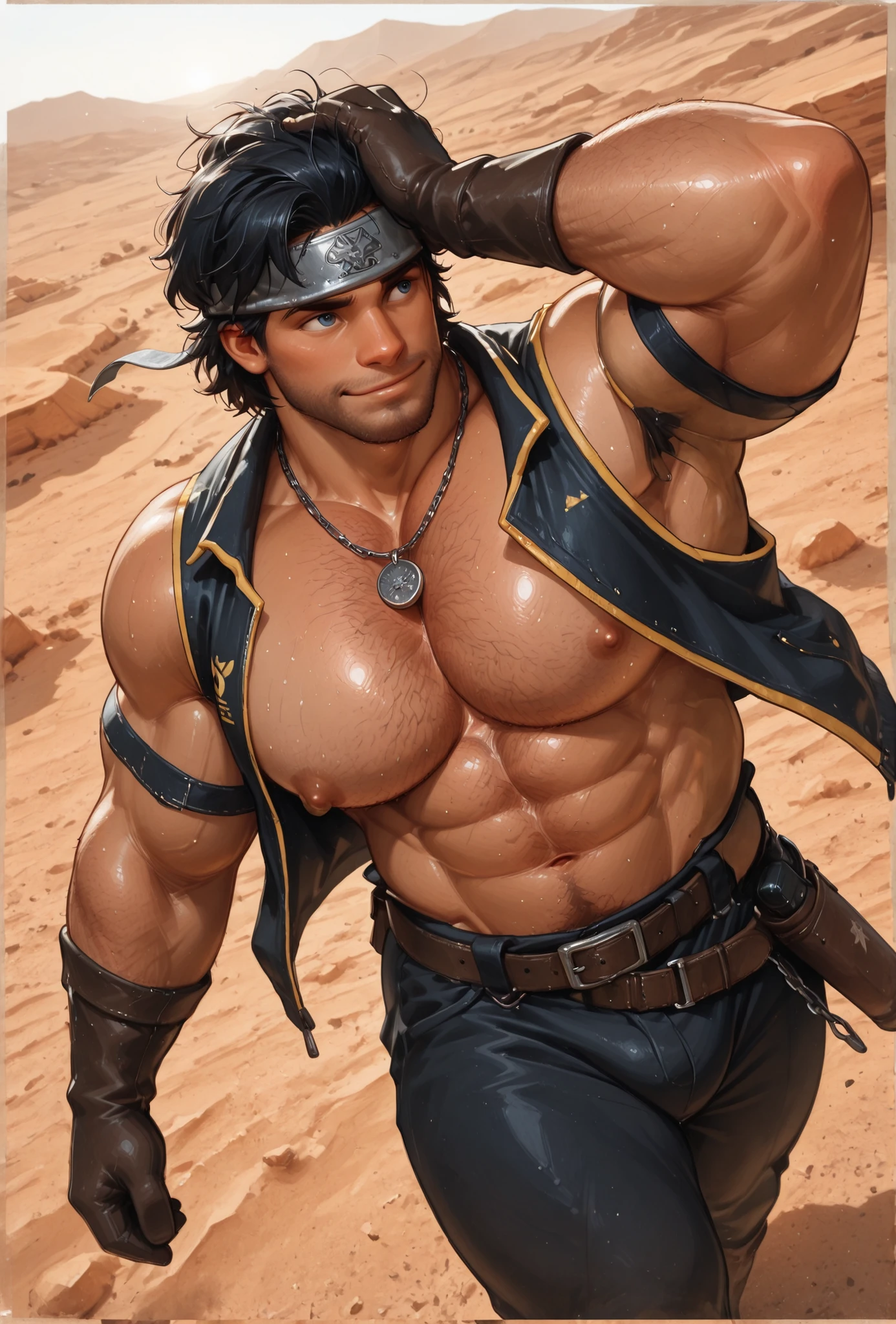 A male athlete，Wearing shorts,He is very muscular,Shot from below，Abstract Background,Lift up your trouser legs,scarf，Vest，Cloth wrapped around hands，Leg hair，Hair flutters in the wind，Open his legs，Hairy body，Hair on arms，Broad shoulders, huge, Muscular pectorals, Strong man, Carefree expression, Naughty smile, huge, 肌肉发达的身体和huge, Raised pectoral muscles, Muscle Abs, Willow Waist,