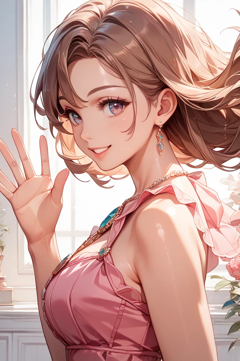 Best quality, Beautiful, scrunchy, 8 K, Very happy face, close eyes, smile with open mouth, Side body, head tilt, Sight, Obzor, slim, dress, earrings, necklace, concept