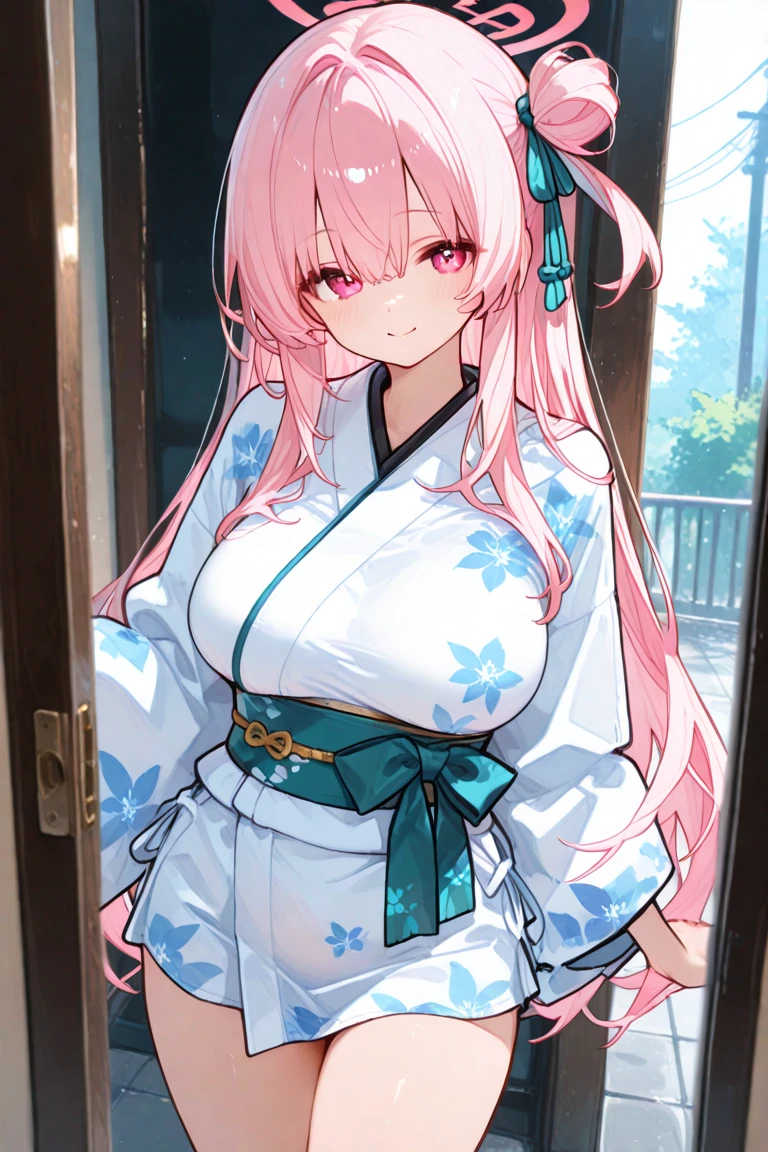 1 girl, game cg, gorgeous kimono, shoulders visible, gigantic breasts, pink hair, long hair, straight hair, ahoge, pink eyes, shy, happy, living room, standing, full body,