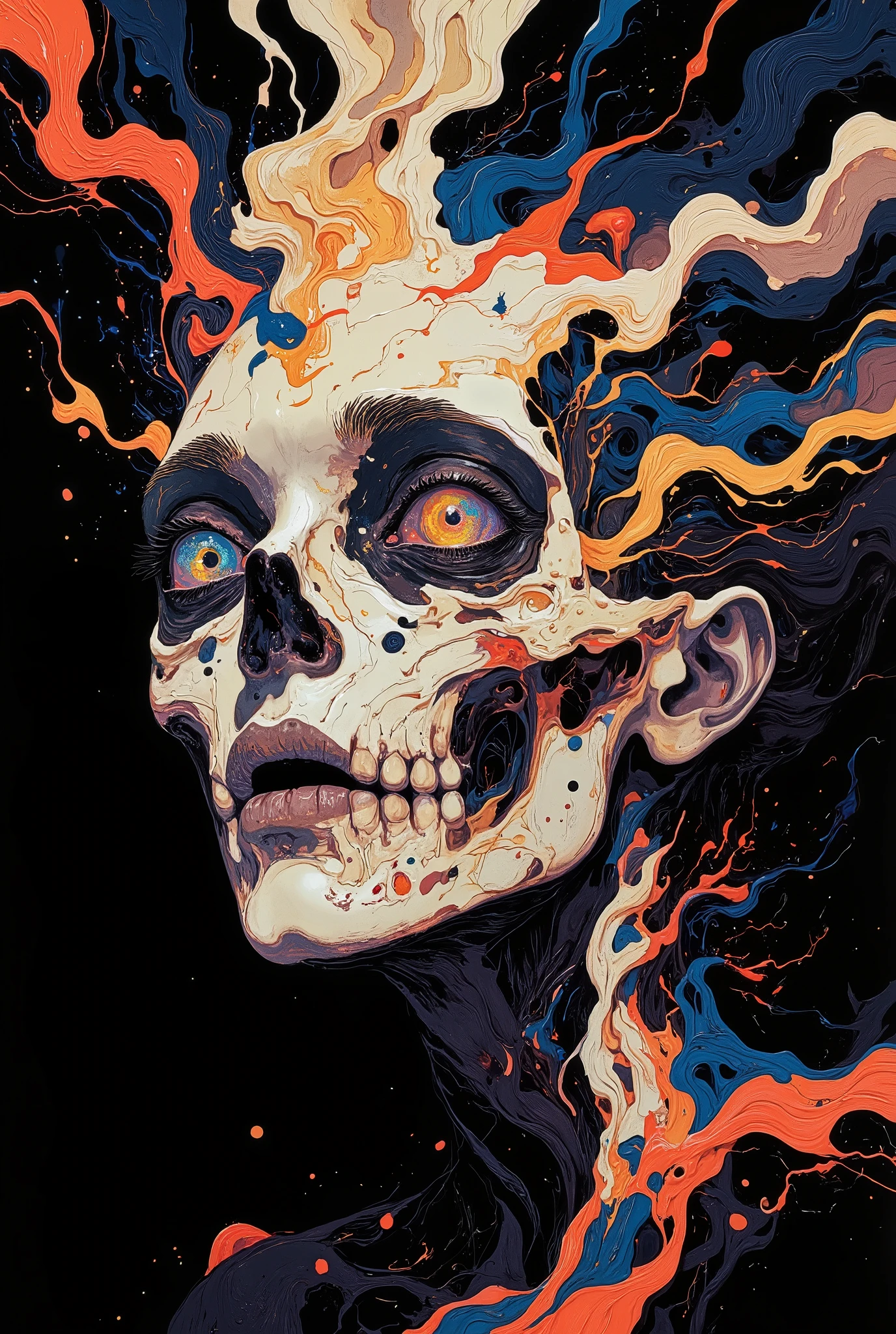 Surrealism, Hyper high resolution, (masterpiece), (Super detailed), UHD, 32k.
Illustration of a skull head in black and grey, with one single colorful eye ( surreal psychedelic eye ), ethereal aura.
The illustration captures the idea that : there is beauty in death and fate is inevitable.
Modern art , close up , surreal , abstract. double exposure , acrylic painting. Soft , ethereal moonlight casts a glow on her face . Vibrant , triadic colors and intricate details abound,  High contrast, atmospheric , moody, art deco,  soft lines , facial expressions and expressive face, despair and hope, agony and extasy.