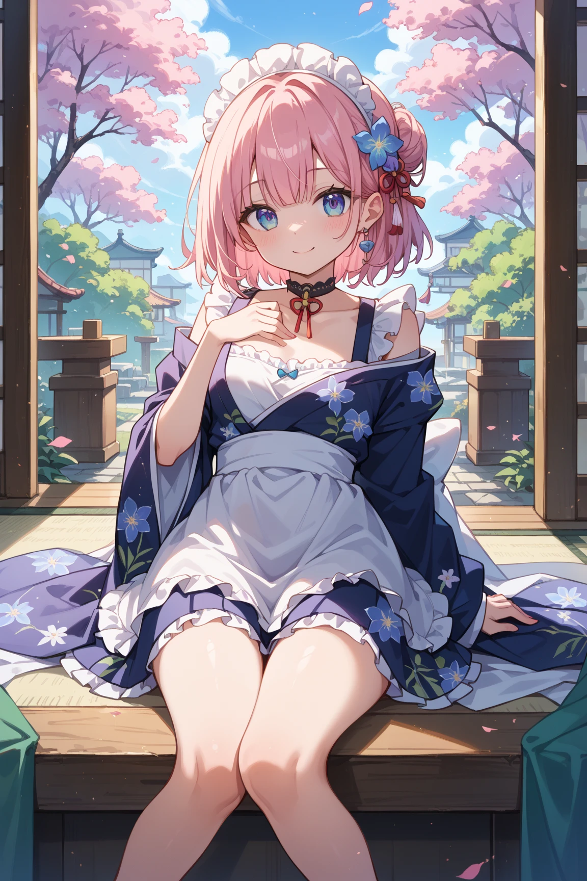 (masterpiece, best quality), ultra detailed, official art, golden hour, (rim lighting):1.2, warm tones, sun flare, soft shadows, vibrant colors, painterly effect, dreamy atmosphere,
1girl, solo, looking at viewer,serene expression,long hair, breasts, pink hair, poised posture, porcelain skin, subtle blush, crystal pendant,((pantyhose)),watery eyes,
hair ornament, hair flower, paper lantern, bangs, architecture, east asian architecture,outdoors, tassel,col,
scenic lake, distant mountains, willow tree, calm water, reflection, sunlit clouds, peaceful ambiance,zentangle, mandala,
<lora:col_20230709182603-000020:0.7>