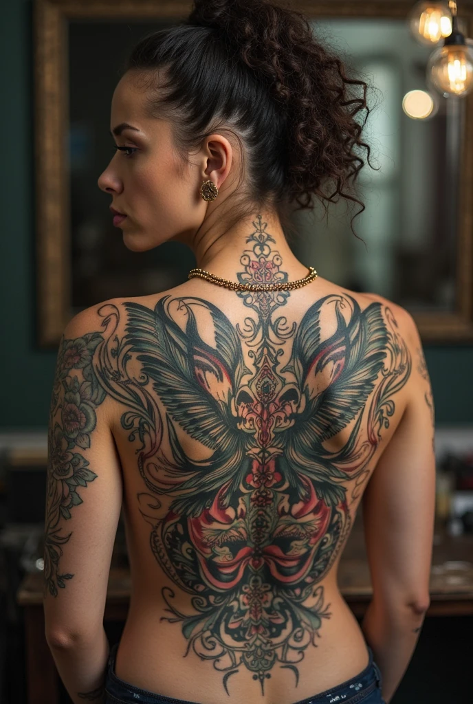 2 women, Stunning high-definition cinematic portrait of the Russian musical duo "Tattoo," with a captivating intensity that exudes raw talent and charisma. The duo, both in their mid-30s, are shown from the waist up, showcasing intricate tattoos of a dragon and koi fish dominating their backs. The image is set against the backdrop of a dimly lit, historic Moscow music hall, with the spotlight casting dramatic shadows and highlighting the details of their tattoos.
The dragon tattoo, with its fiery scales and fierce visage, adorns the left shoulder, while the koi fish tattoo, symbolizing perseverance, graces
