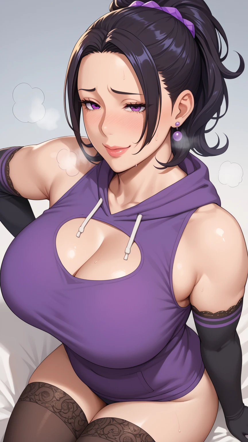 best quality, masterpiece, (leaning over:1.4),
1girl, yuzuriha_(jigokuraku), purple hair, brown eyes, ninja, open clothes, cleavage, small breasts, topknot, medium hair, breasts apart, seductive smile, pants, undressing, (blush:1.1), japanese exterior, temple,