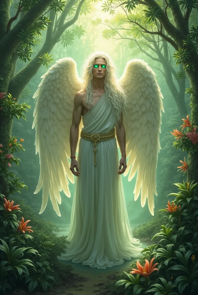A young Thai-Korean man with short white hair and very large, thick, white angel wings that are folded behind his back, standing in the middle of a waterfall that falls straight down onto his head, beside a quiet forest water source. The water is clear, blue-green, with beautiful pleated wings. Flowers and gems with long, detailed, hers to touch the water, making the water droplets flow through the quiet and lovely atmosphere. The light flows and through the trees to create a distant forest. The background light reflects the aura. An angel with folded wings, the highest resolution, the clearest image, professional photography, realistic, soft, 3D, 4K, 1080 HP, unreal engine 5+realistic