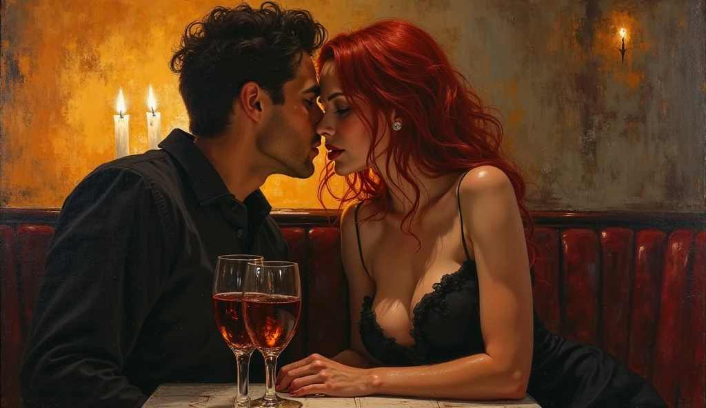 Sexy slim woman with red wavy hair kissing on crowded bus. Other men touching woman from behind