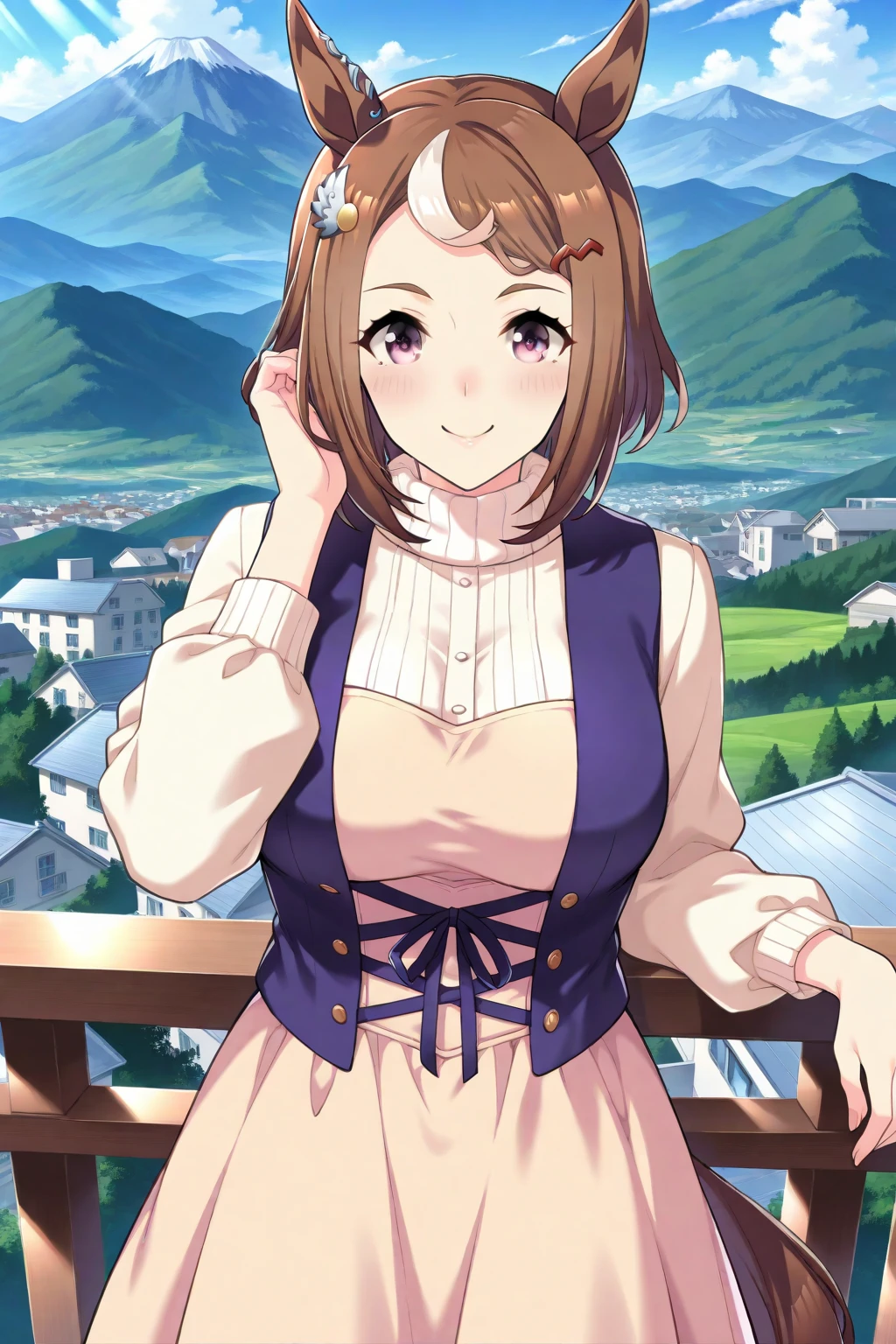 masterpiece, (best quality), 8k uhd, girl, mamako_oosuki, brown hair, long hair, (hair down), purple eyes, mature female, white shirt, pants, sweater, big breasts, ribbon, sexy woman,smile,  ,closed clothes, embarrassed, blush,  bare shoulders, vibrant colors ,natural lighting, beautiful, (detailed face:1.2), showcase, (perfect eyes:1.1) ,(photorealistic:1.1),  looking at viewer, outdoors