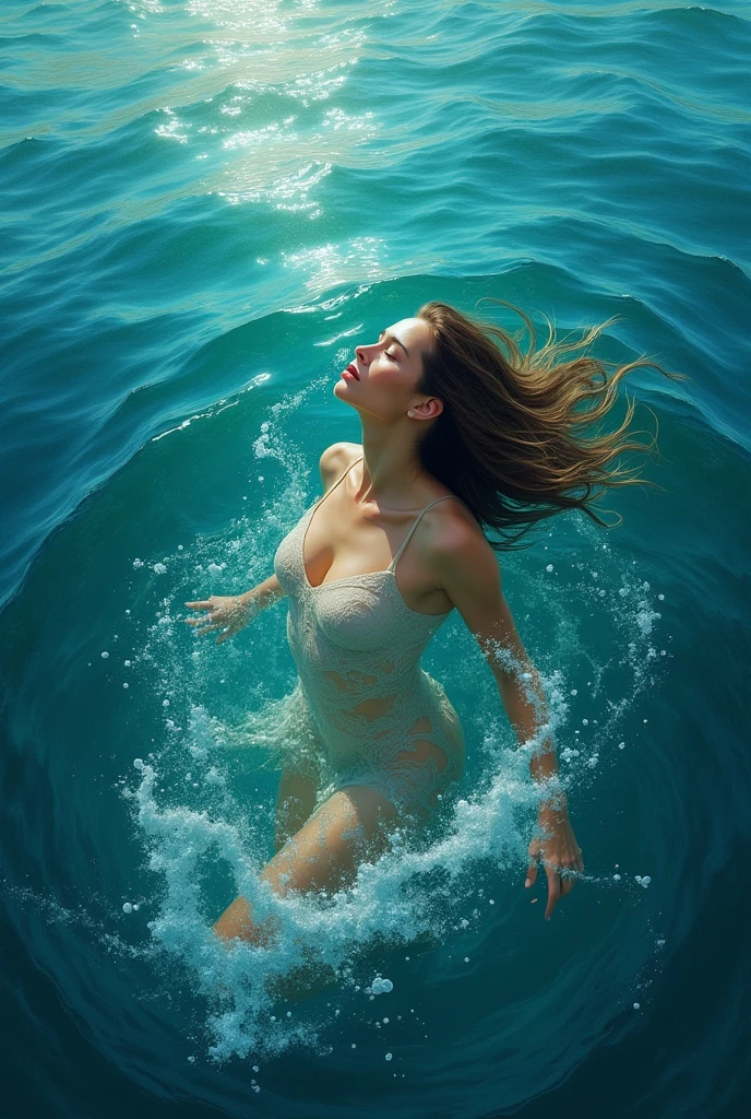 stunning realistic picture, masterpiece, high detail, small touches, positive and joyful tones, use natural color, chic (nude:1.7) Girl in the water, angle of half a girl in waist-deep water, that part of the body that is visible in the water, the water is crystal clear and transparent, hair is wet, There are drops of water on the body, straightens hair with hands, nude , raw style art, characterized by bright and delicate colors, thick textured paint, intense black strokes, and affected parts ral-drptpl , half of my lens is shooting a girl underwater, the second part of the camera is above the water