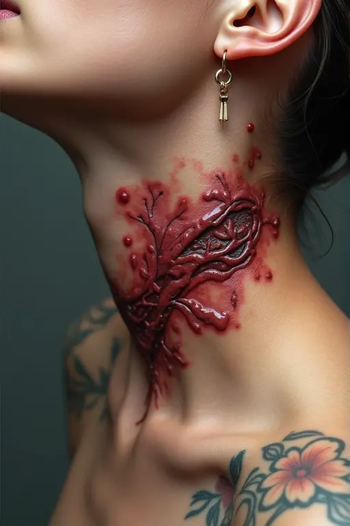 Setting: Close-up on the symbol mark on the victim's neck. Visual Details: Clearly visible enigmatic symbol, drawn in a color contrasting with the victim's pale skin. Text or small objects around that help highlight the brand.