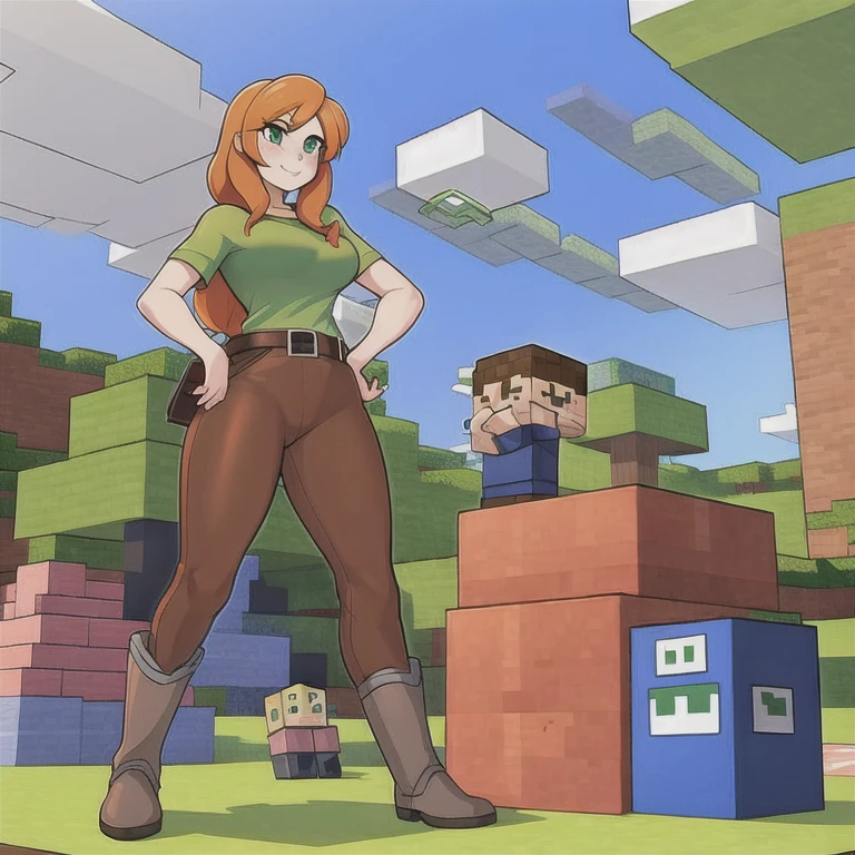 (masterpiece, best quality, ultra HD anime quality, super high resolution, 1980s / (style), anatomically correct, perfect anatomy), (side view, from below), looking into the camera, minecraft,
(alex), one girl, realistic,
orange_hair, facial_hair, l_hair, green_eyes, blush, smiling, chest, hands_on_hands, hands_on_hips, belt, green_shirt, brown_pants, boots, shirt, alex, shesho, clouds, day, sky, blue_sky,