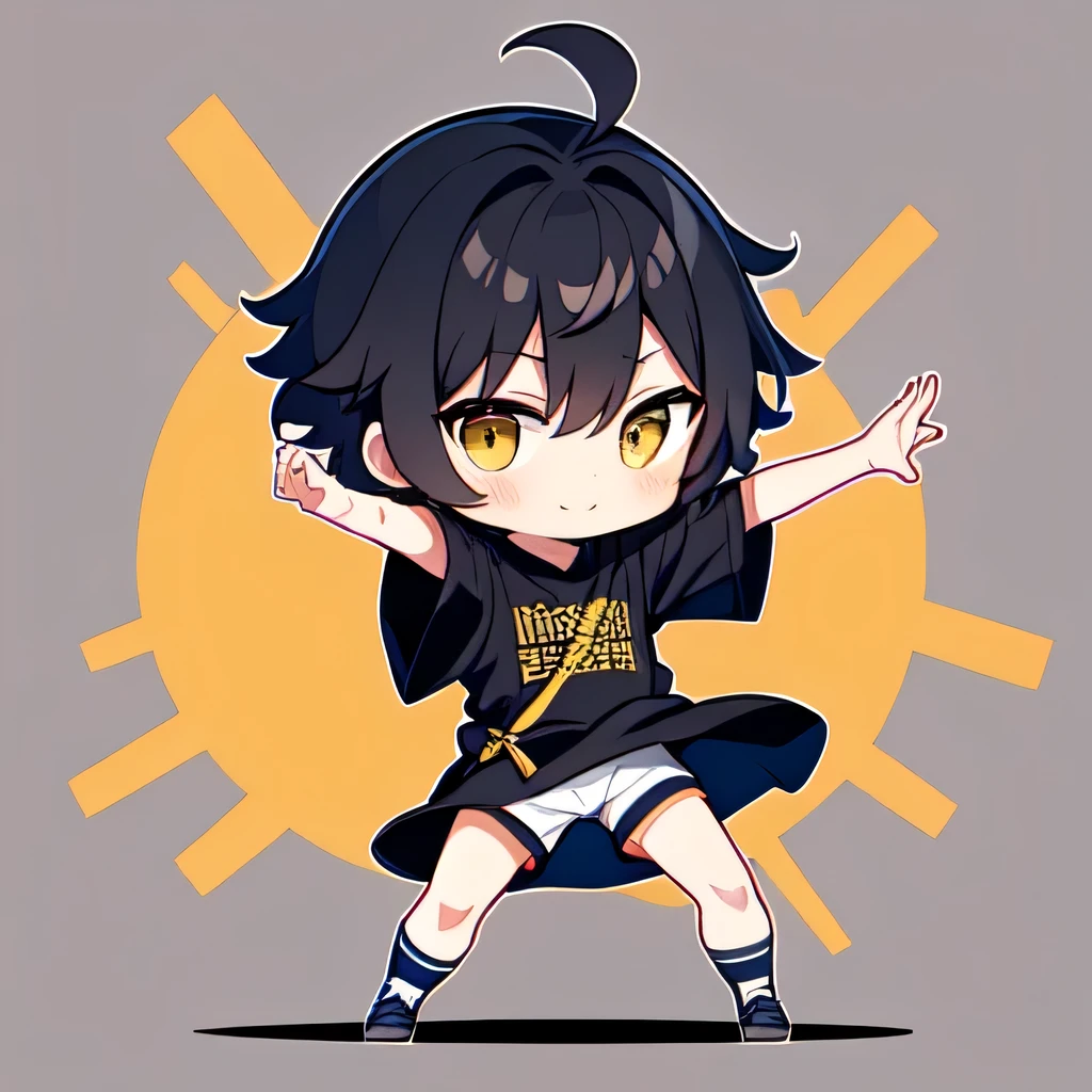 chibi, My hair, shirtを着ている , Full Body, No expression , simple background, dancing
1 boy , Alone, Yellow Eyes, happy,黒My hair, short My hair, 前My hair, My hair_ , is bulging at grad _ sleeve, shirt, short_ sleeve,Belligerent