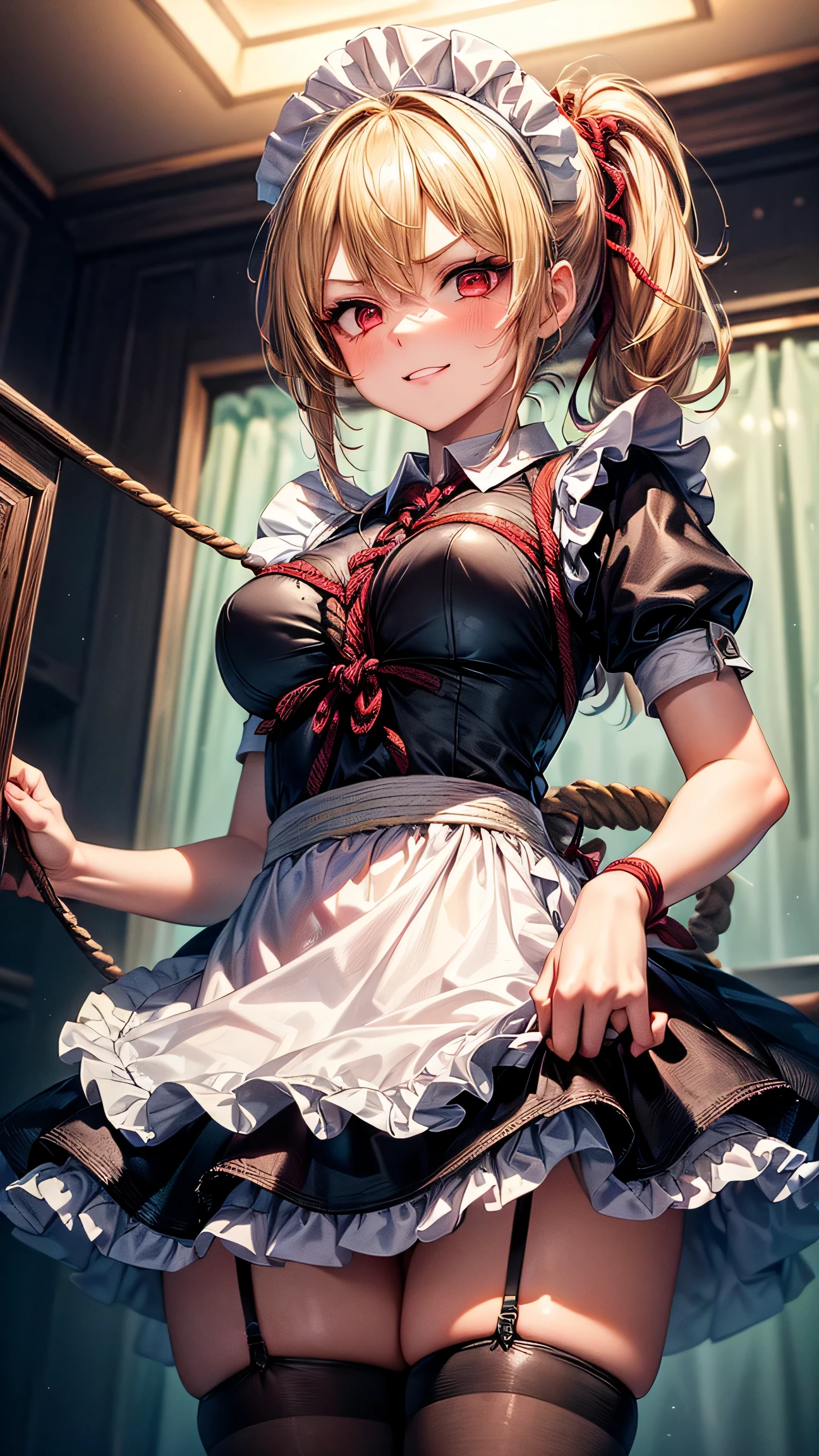 Shiny blond hair, very long hair, sophisticated haircut, ((((hair fully braided)))), ((small twisted braids)), thin and oval face, submissive, (((gagged))), ((((black tight corset)))), ((((tight skirt)))), cute and blushing 18 years old anime girl, look away because she is embarrassed and blushes, bright blue eyes, detailed face, detailed members, detailed arms, detailed hands, ((((sparkling diamond jewelry)))), tiara, ((makeup)), high heels, puffy sleeves, long gloves, long eyelashes, Girl lying, tied by ropes, shackled, can no longer move, tied tightly, very hard tied up with lots of ropes, hampered by so many ropes that she can no longer move, bound hands and feet, ropes tie his whole body, tied extremely tightly and forcefully to her bed by a lot of ropes, its limbs are strongly tied together by ropes, his torso is tied up with thick cords, her chest is so tied up with ropes that it sticks out, her legs are tied tightly with thick ropes, his hands are tied behind his back with ropes, she can no longer move her feet, her hands which are tied by thick ropes, she desperately tries to free herself, likes to be tied tight with big ropes, likes to be immobilized by big ropes, lying down, his hands and feet are strongly tied to the railing of his bed, his legs are pressed together and tied with ropes, its limbs are held vigorously by imposing ropes, her hands are tied securely behind her back by ropes, her chest is compressed by strong ropes, she is pressed against her bed and restrained by large ropes (shibari, arms behind the back:1.4), (hands on the back), (masterpiece, best quality) 1.5, 1girl, solo, (sexy, beautiful woman, perfect face, perfect eyes, perfect hands), samus aran, (shibari, arms behind the back:1.4), (hands on the back), Spread the legs, s' ((lie in bed by big ropes)), ((close up of the girl)), ((((lie in bed))))