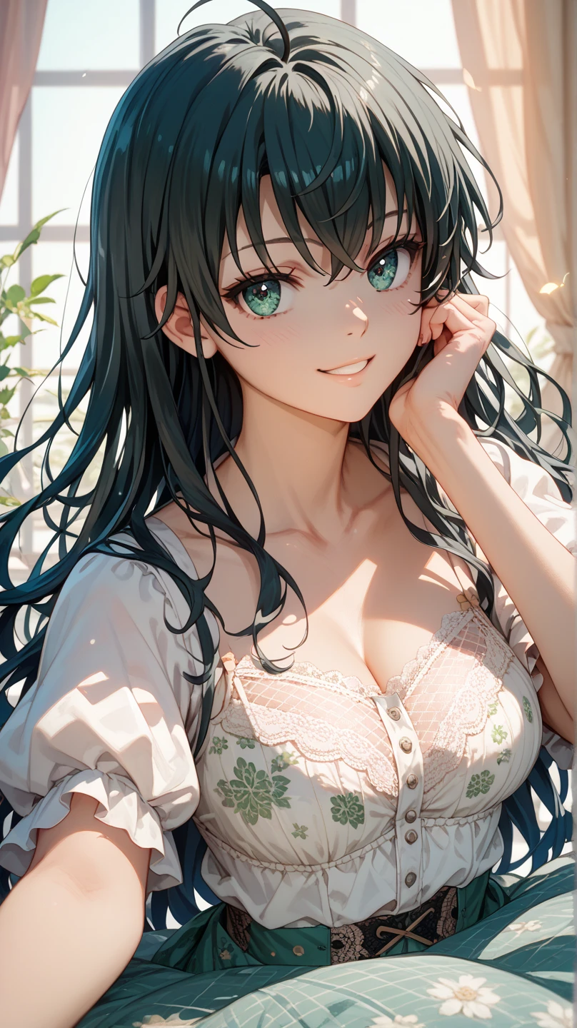 (highest quality:1.2, 4K, 8k, Very detailed, Up to date, exhilarated, Attention to detail, masterpiece:1.2, highest quality, Best aesthetics), (((1 girl))), JK, , pleated skirt, Open your mouth:1.2, sweet smile:1.1, (black hair, smooth), dynamic angle, erotic atmosphere, Beautiful hair, shiny hair, Nice skin, detailed face and eyes, Shimmering lips, skinny woman, sexy Pose, Lush green park:1.2, Colorful flowers, Light and shadow with attention to detail, Background blur.