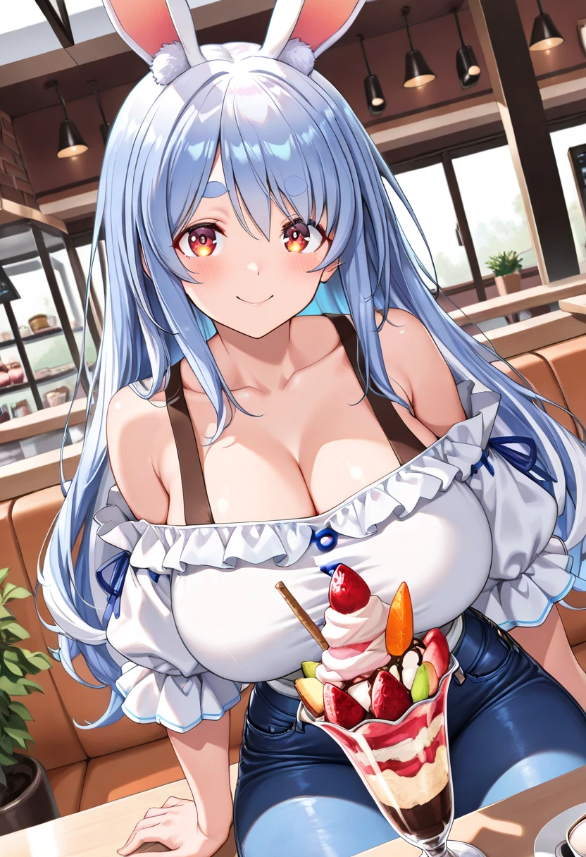 1 female、black hair、blue eyes、dense lips、white bra、See-through、off shoulder、holding strawberries in your hands、inside the house、window sill、sunshine masterpiece、ultra high resolution、perfect lighting、16K