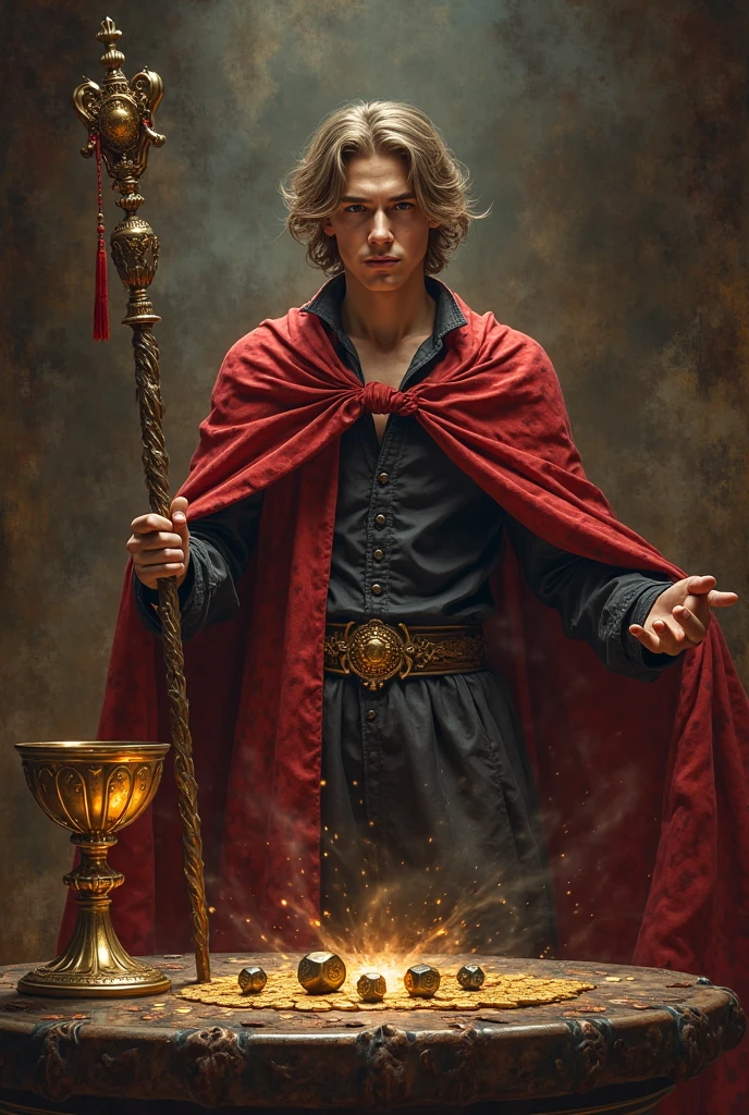 masterpiece, best quality, 1boy, rugged aloof twink casting a glowing spell, (floating magic runes), (revealing red robe), bare shoulders, thong, crotch bulge, thighhigh boots, very short hair, stubble, (chest hair), (GS-Masculine:0.3), (wizard tower interior background), realistic, dramatic lighting, atmospheric, intricate detail