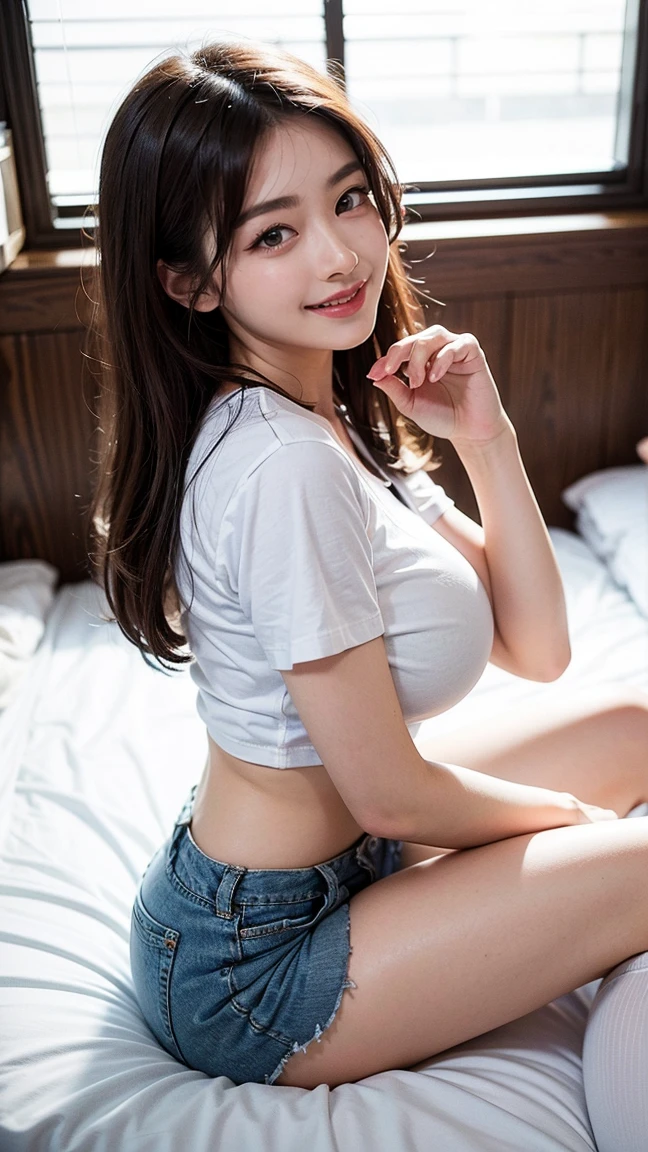 (Tabletop:1.2), Realistic、masterpiece、Girl in tight white tank top, half  , highest quality, (:1.2), Exposing shoulders, Cleavage, Something NSFW?, [[Hide your hands behind your back]], alone, [SFW]、(Damaged Denim Mini Shorts、High leg)、Beautiful feet、Beautiful Abs、Sit on a chair、Navel Look、Lift your arms and show your armpits、((Sexy panties in full view:1.05))、((Spread your legs wide:1.45))