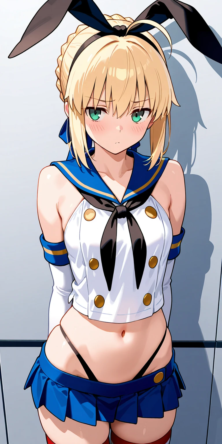 {{{nsfw:1.5}}},nose blush,scowl,tears,embrrassed,sexual excitement,despair,love juice,slim body,small breast,sweat,arms behind head,arms up,bdsm,handcuffs,shackles,chain,chained,shibari,1 girl,indoor,cowboy shot,braid,blonde hair,hair ribbon,blue ribbon,short hair,collar,
wooden horse,rub crotch,torture device sailor collar,leotard,bow,