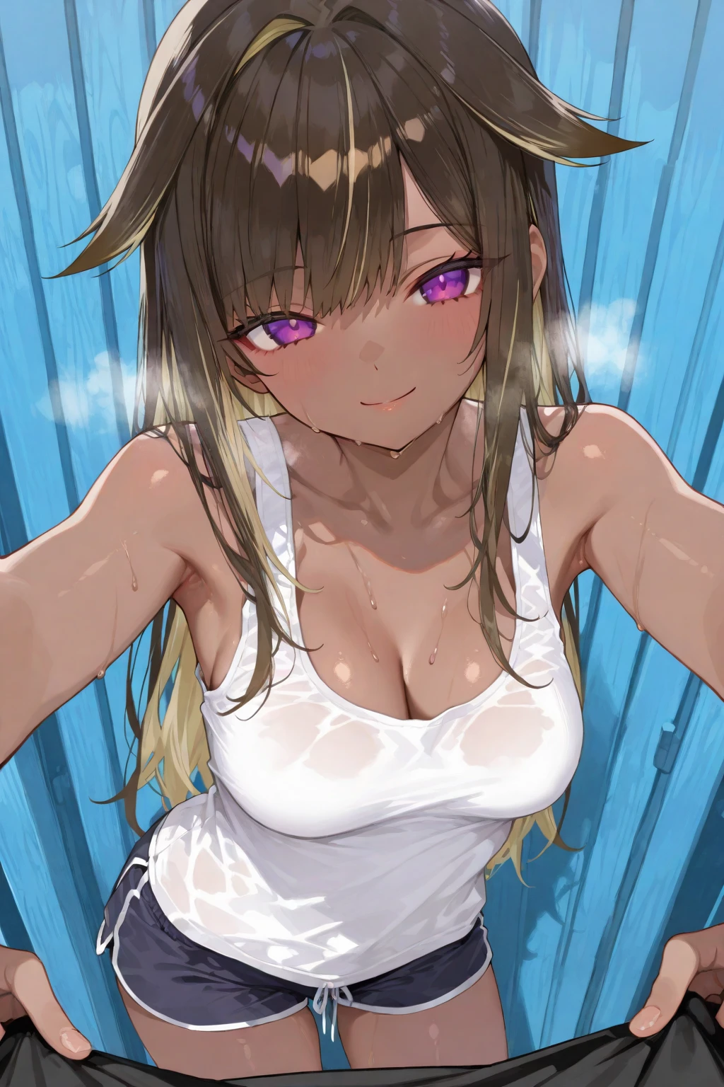 masterpiece, highest quality, close, Face shot, \(umamusume\),((Purple metallic ultra micro bikini))、Mansuji、See-through nipples、Sweat、(((semen)))、Lie down、Spread your legs、(Grown body、Big Breasts)、Outdoor、Nightclub、Lewd face、Look forward、See-through nipples、On the bed
