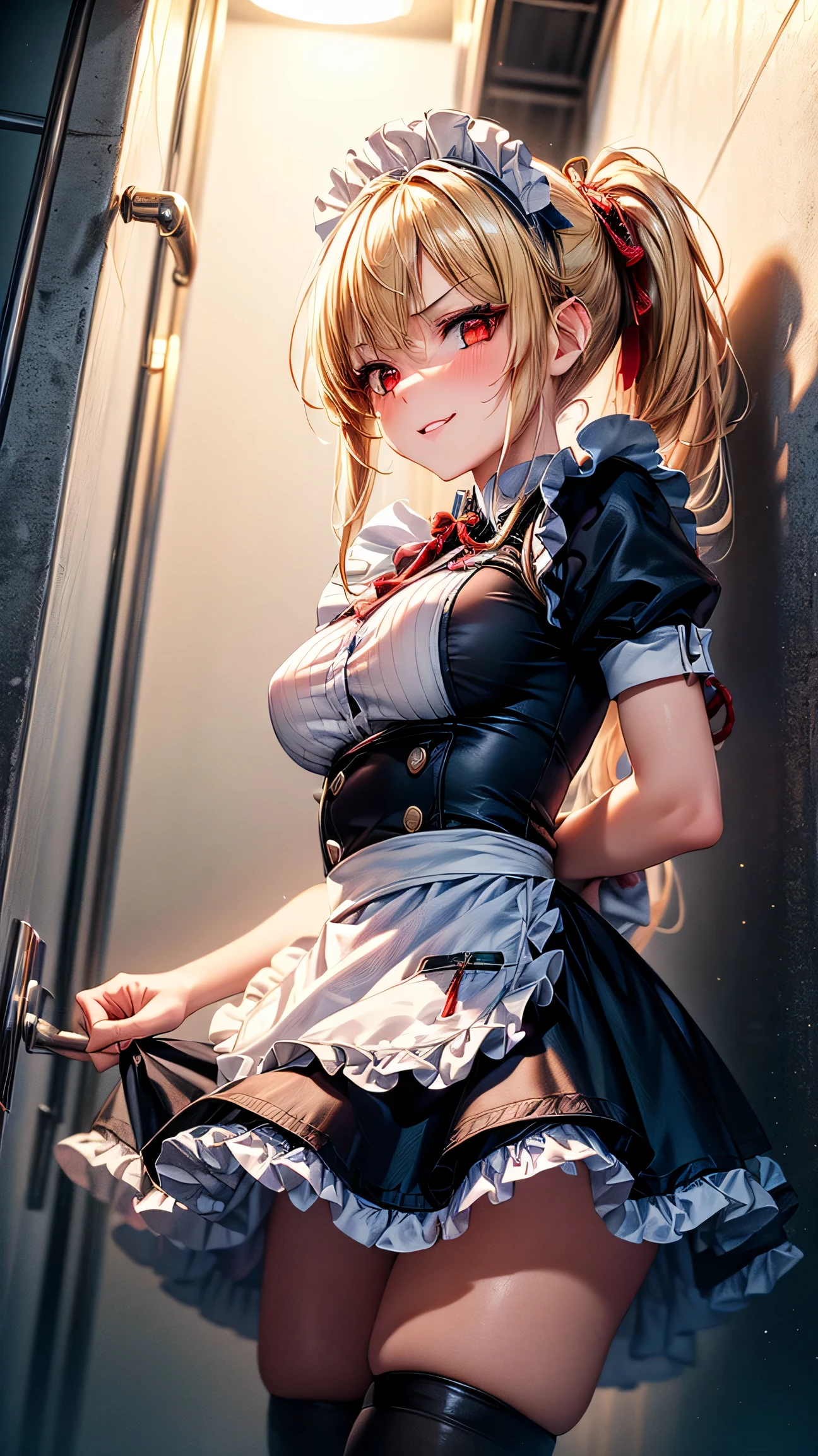 NSFW,Hololive,Kazema Iroha,Blonde,ponytail,hair ornaments,Headband,Maid clothes,Micro Mini Skirt,garter belt,belly button,Cleavage,Embarrassed,blush,Excited,(Perfect hands),(Perfect ???????),(masterpiece),(highest quality),One man,being molested by a man,A man is touching my buttocks,My breasts are being massaged,(??????:1.5),I feel pleasure,Collar on a leash,Happiness