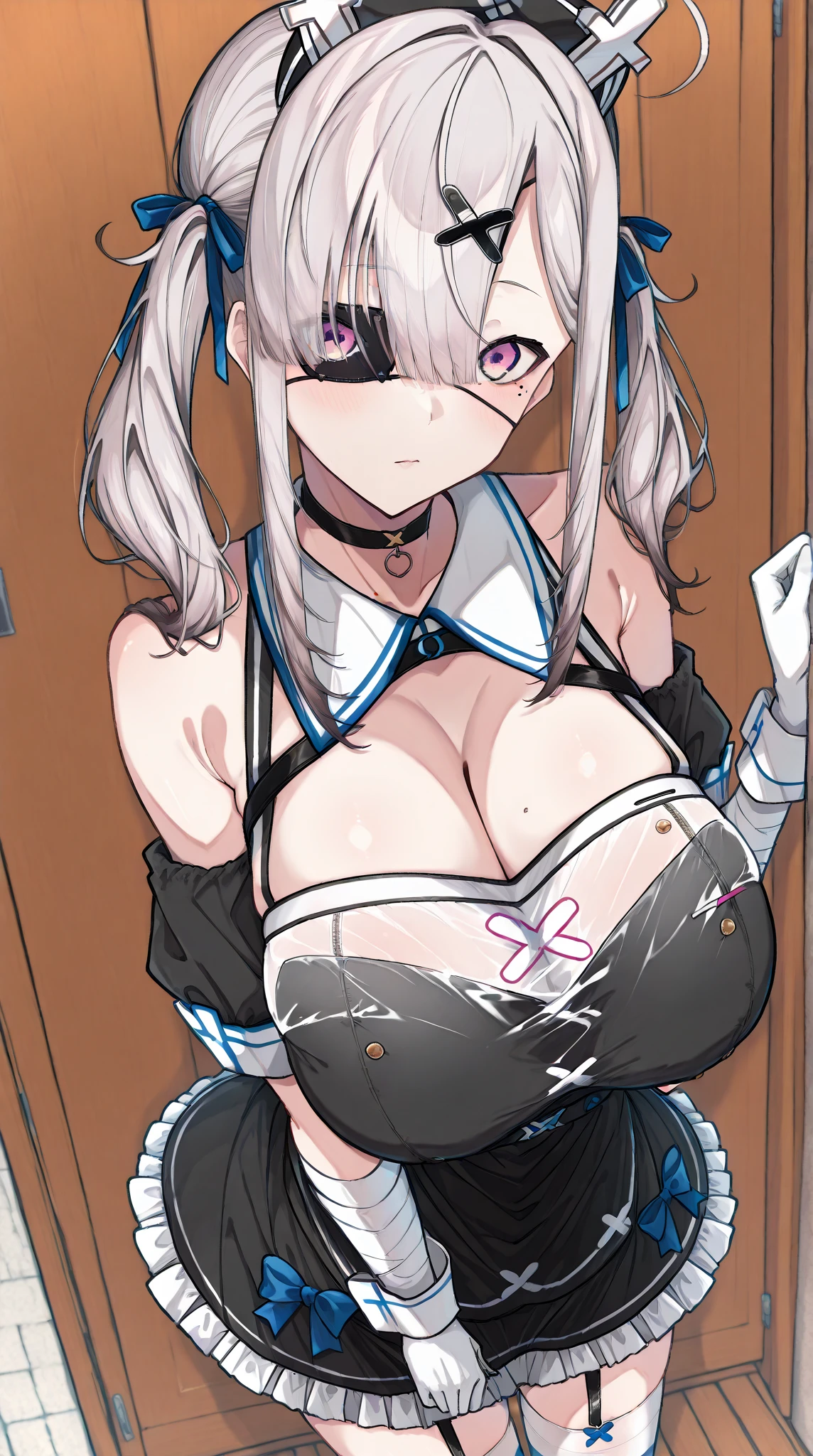 Big breasted anime girl poses for the camera, Enchanting anime girl, Naughty, proportions,anime style, ahegao face, Teasing Smile、Against glass, Chest on glass、View your viewers, (vapor)、