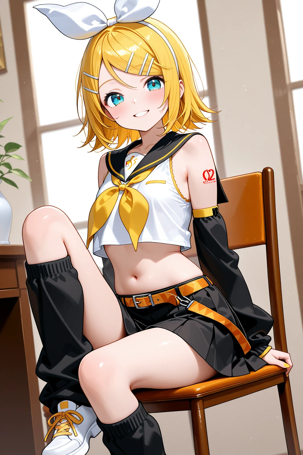 best quality ,masterpiece, 1girl, Kagamine rin , hair ribbon, bow, white shirt, sailor collar, no shorts, no pants, no skirt, fine detailed shiny eyes, flat chest, highres, wallpaper, 8k, best lighting, extremely detailed illustrations, blush, ((embarrassed)), ((smile)), open mouth, ((realistic striped yellow panties)), crotch seam, ((pantyshot)), cameltoe, wet panties, White background , nsfw, ((loli)), sitting, holding knees, dynamic angle, light clothing