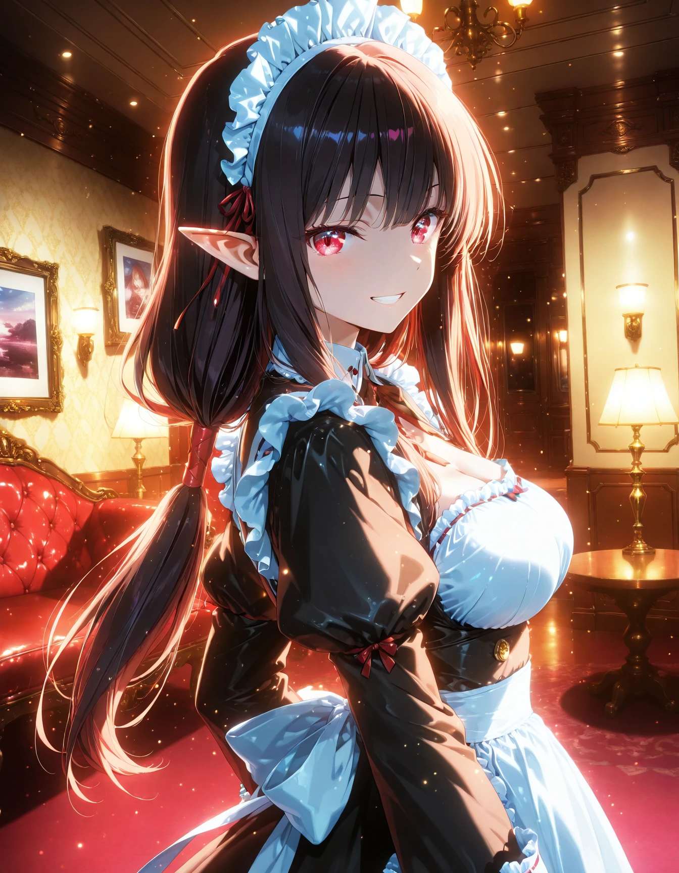 Black hair long straight hair, red eyes, elf ears, big breasts, white skin, looking at the camera, black collar, slender body, miniskirt Maid clothes, whole body, embarrassed face, Stylish coffee shop,