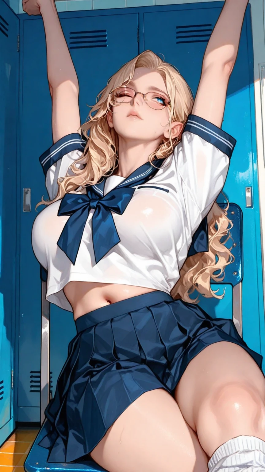 High resolution, Highest quality,  super high quality, Very detailed, 8k、(underwear:1.2)、、Embarrassing、Sweaty、Sweat、Embarrassing、(masterpiece:1.2, Highest quality), (Realistic, photoRealistic:1.4), Beautiful illustrations, (Natural Side Lighting, Cinema Lighting), View your audience, whole body, 1 girl, Japanese, high school girl, Perfect Face, Cute and symmetrical face, Glowing Skin, Baby Face, (short hair, Low Twintails,blonde), Hair between the eyes, black eye, Big eyes, Droopy eyes, (Center of chest, Captivating thighs, Big Ass)、(Glasses:1.2)