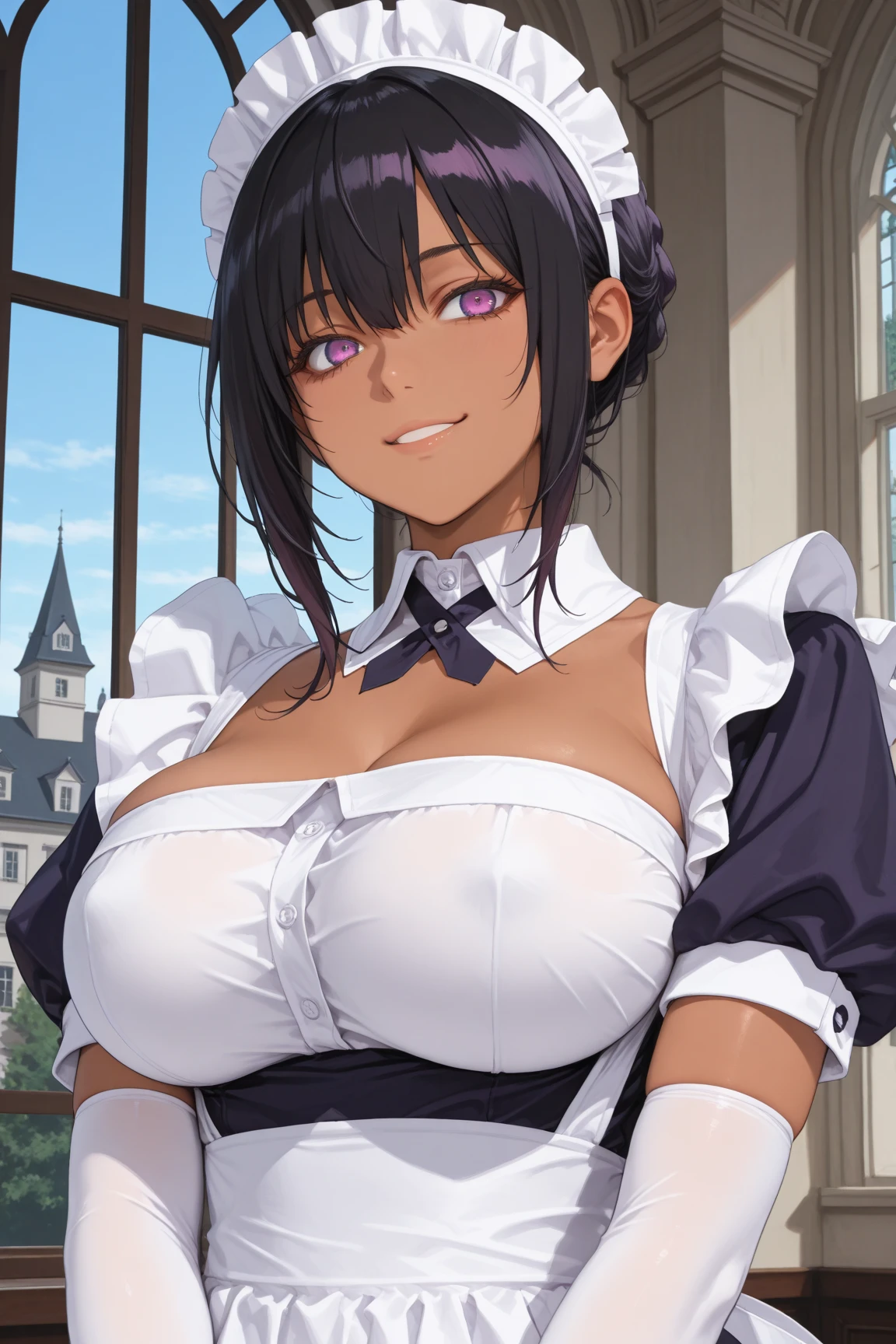1 female, perfect, best quality, highres, black girl ,tan lines , in maid outfit , ripped fishnet , upper view on tits , clothed