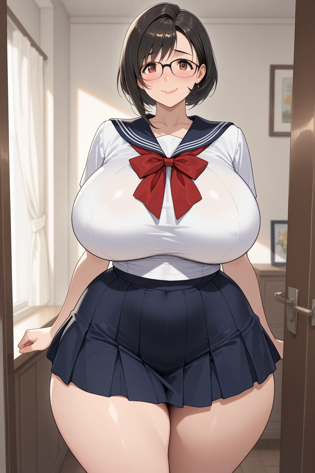 masterpiece、超A high resolution、(Photorealsitic:1.4)、Raw photo、独奏、hi-school girl、JK、pupils、a sailor suit、校服、skirt by the、A dark-haired、short-hair、glowy skin、Dramatic Writing、full bodyesbian、Plump、Whip whip、Huge、huge-breasted、(top-quality, masterpiece:1.2), (huge-breasted:1.6), Long breasts, (hanging breasted: 1.6), (absurderes:1.2), (真实感:1.2)、Huge ass、thick thighs、long legged、beautidful eyes、Powerful eyes、seduces、Modern School、inside in room、the setting sun、evening、early evening