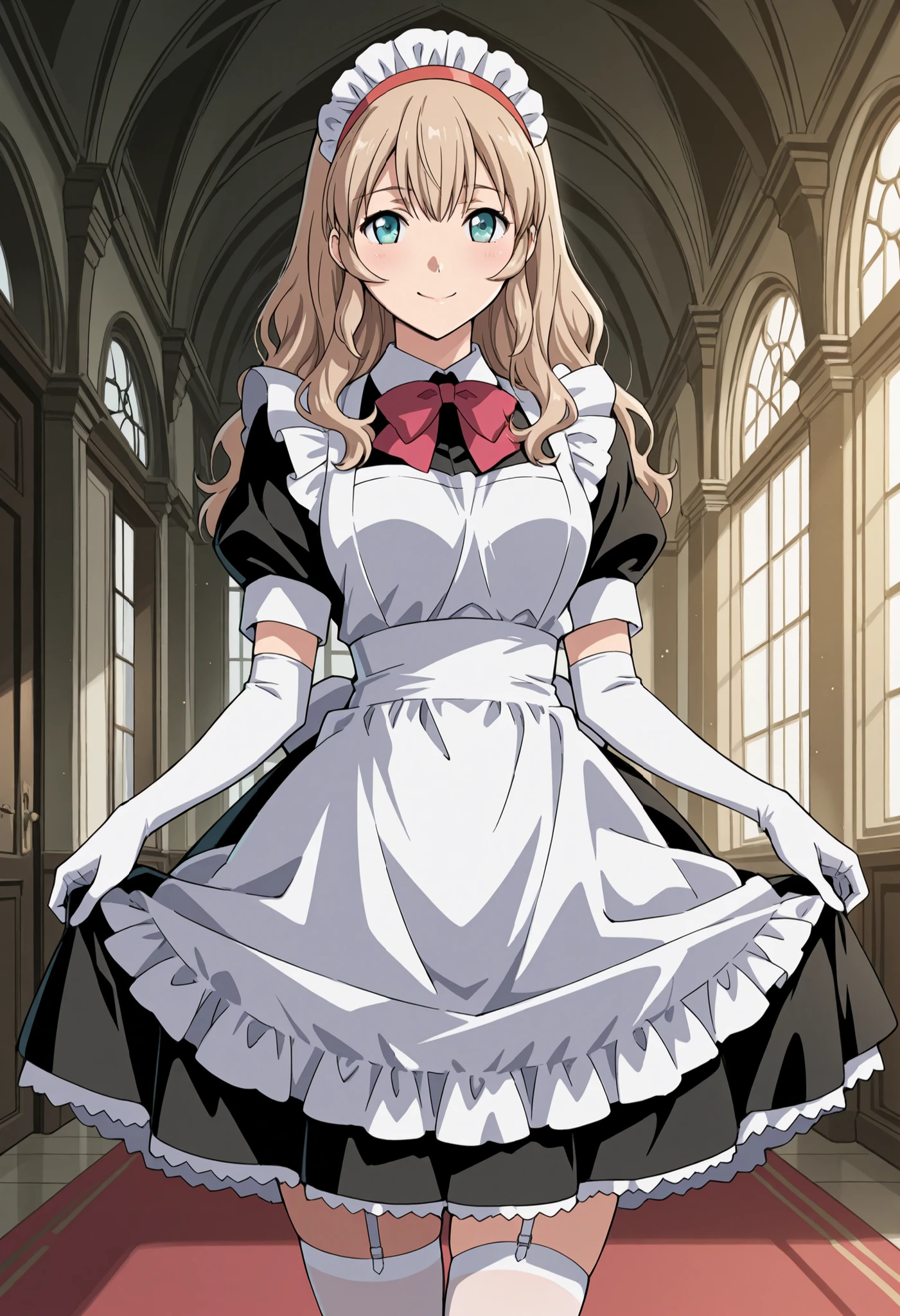 Score_9, score_8_up, score_7_up, source_anime, sonken chuubou, solo, long hair, light brown hair, wavy hair, red hairband, sidelocks, aqua eyes, (best quality), (high quality), {masterpiece}, extremely delicate and beautiful, ultra-detailed, beautiful detailed eyes, maid, black maid costume, short sleeves, puffy sleeves, white headdress, white frilled apron, white elbow gloves, white thighhighs, mansion, indoor, smile, closed mouth, standing