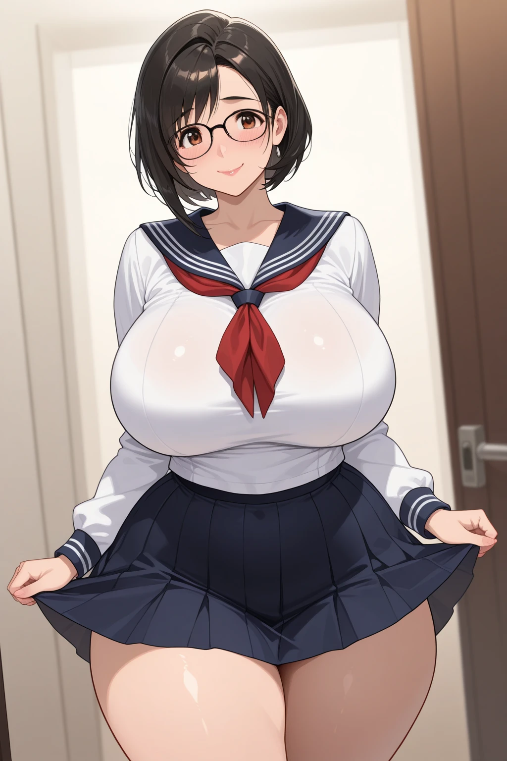 Character portrait、smile、Ultra-detailed illustrations、Ultra-precise expression、masterpiece、Highest quality、ultra High resolution、High resolution、Hiromitsu Takeda Style、White background、Simple Background、Young、One girl、10th Generation、solo、Black Hair、Drooping eyes、Timid、Black glasses、Two short braids、Grey Eyes、Big Breasts、Sweat、Sailor suit、skirt、Black tights、