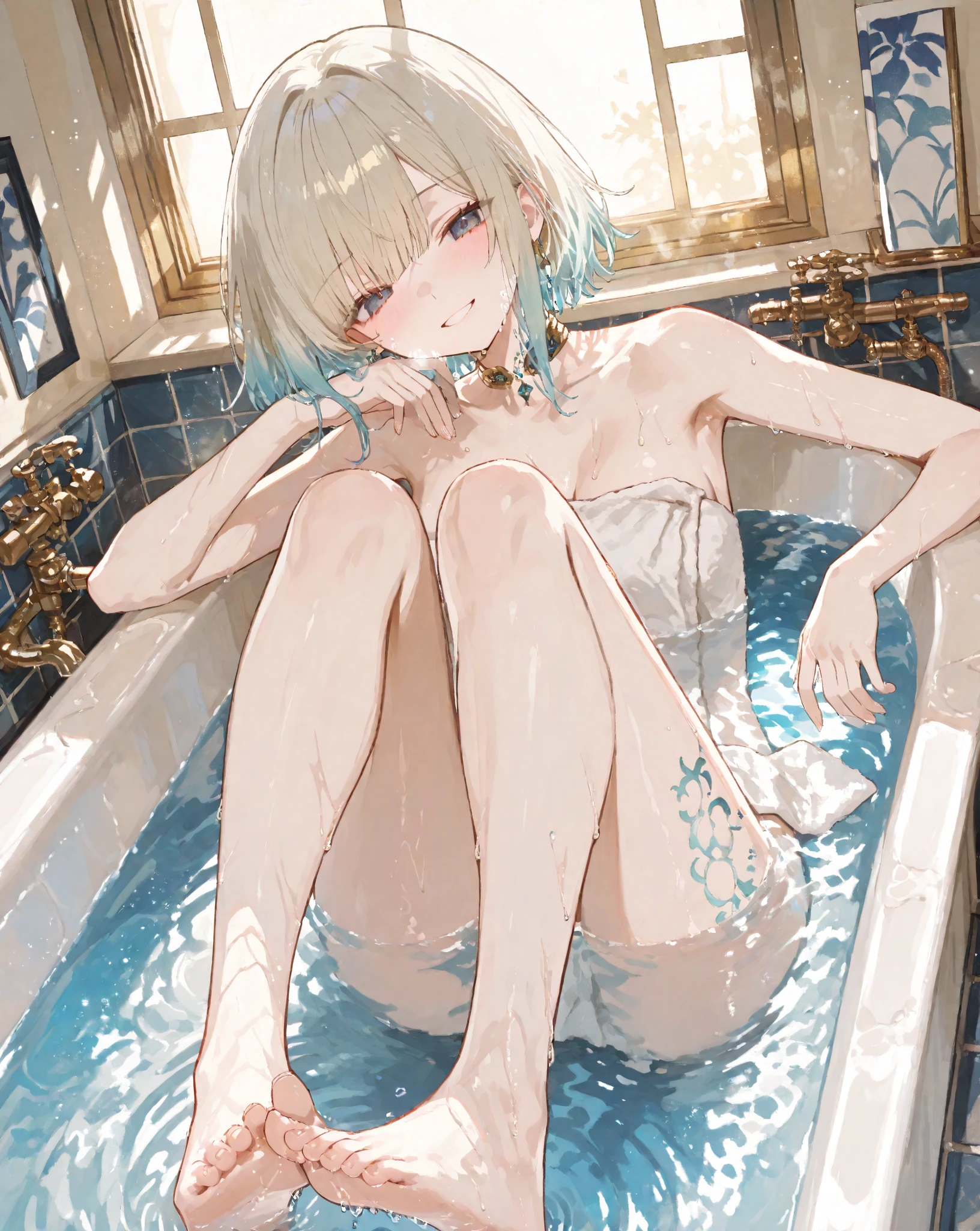 Gray Hair（Loli face）、short hair、Lightless blue eyes、naked、Necklace with gemstones、（R18、Porn Image）、（Showing pussy）、Leg spread、barefoot、Small breasts、Sensitive、cute、Luxury Homes、front、living
