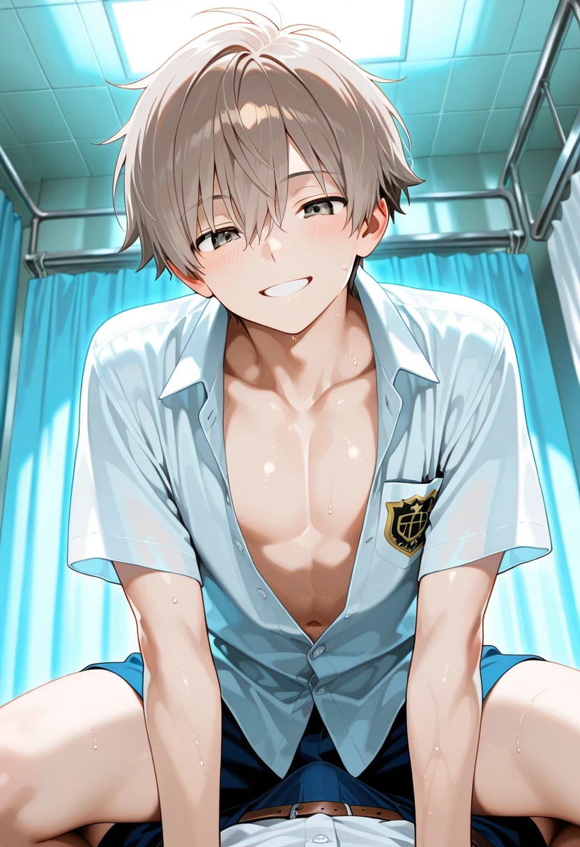 boy, young style, small boy, naked, erection, spasm, trembling, quivering, trembling, writhing, nipples, anime style, alone, intense, whole body, sweaty, spasmodic orgasm, body facing forward, penis visible, clenched teeth, eyes closed, full color, analplay, skin color, bed, lying on back, black hair, low angle, squirting, inserting own finger in anal, prostate massage, anal masturbation, analorgasm