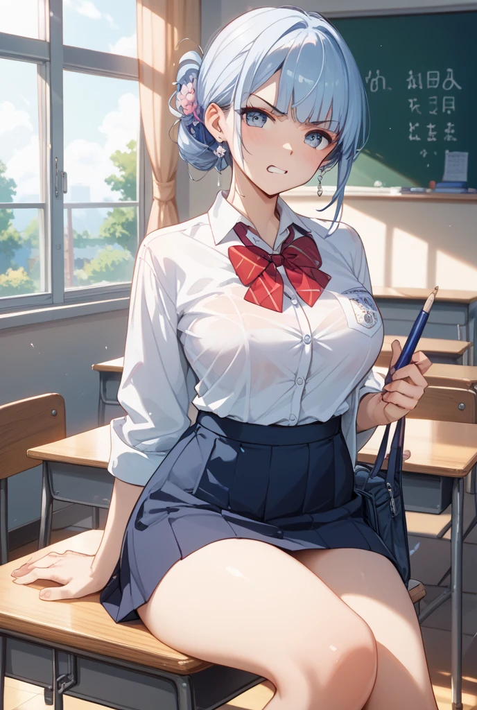 ((((Front angle:1.6)))、(masterpiece, Official Art), One Girl, Black Hair, blue eyes, hair ornaments, Hair Clip,  (school uniform), (shirt), (tie), (skirt), (Huge breasts), very good、sunlight,classroom、During class、 View Audience, Grin,Cum on face、 Charm, blush, Charm服, , (Place your hands between your legs), (Sitting on a chair、Put your chest on the desk),White panties、Short Bob、Sticking out your tongue、Dripping a huge amount of saliva、Peeing、squirt pee、tits 、titsをテーブル机の上に胸を置く、nsfw