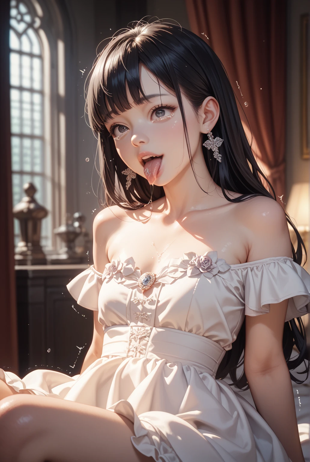 ((Best quality, 8k, Masterpiece)), Big breasts, Highly detailed face and skin texture, Detailed eyes, wet body, perfect figure, bathroom, shower, smiling, black lace dress, curly hair, solo