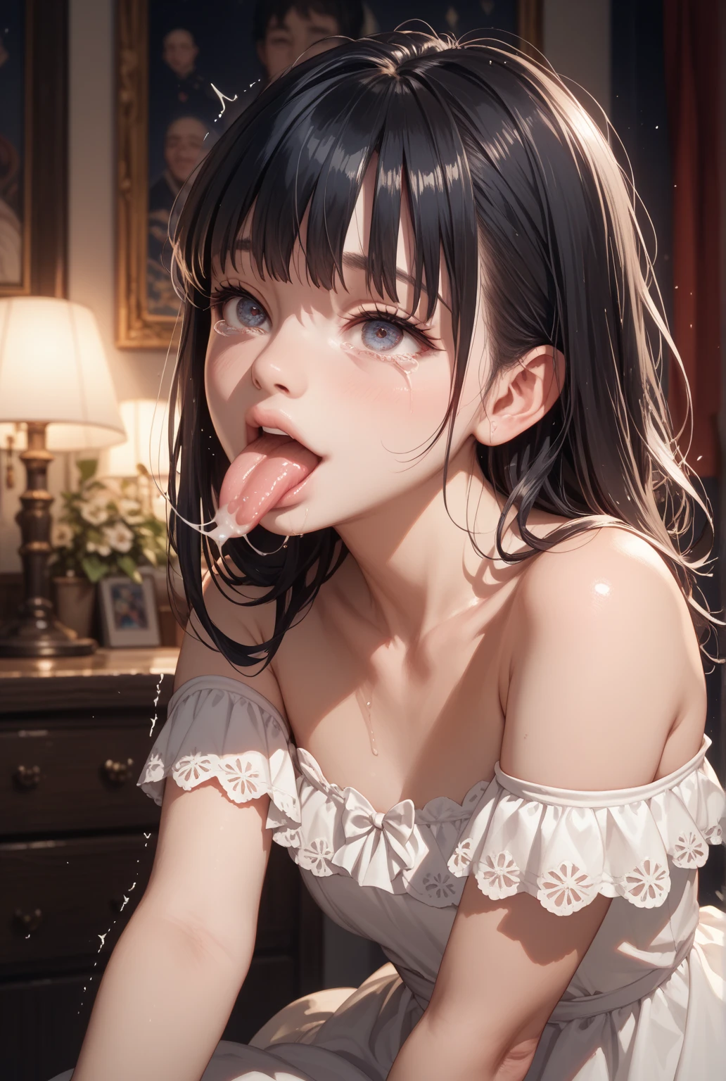 Super detailed(eye:1.7),highest quality、Best image quality、On the bed、Beautiful valley、Disheveled clothes、thin、Humiliated face、Dog Pose、Super detailed、Small breasts、Light Particles 0.5、Moist eyes、Wet body、lick、Open your mouth、Sticking out tongue、dripping cloudy saliva、Small face、Summer Dresses、Up ponytail