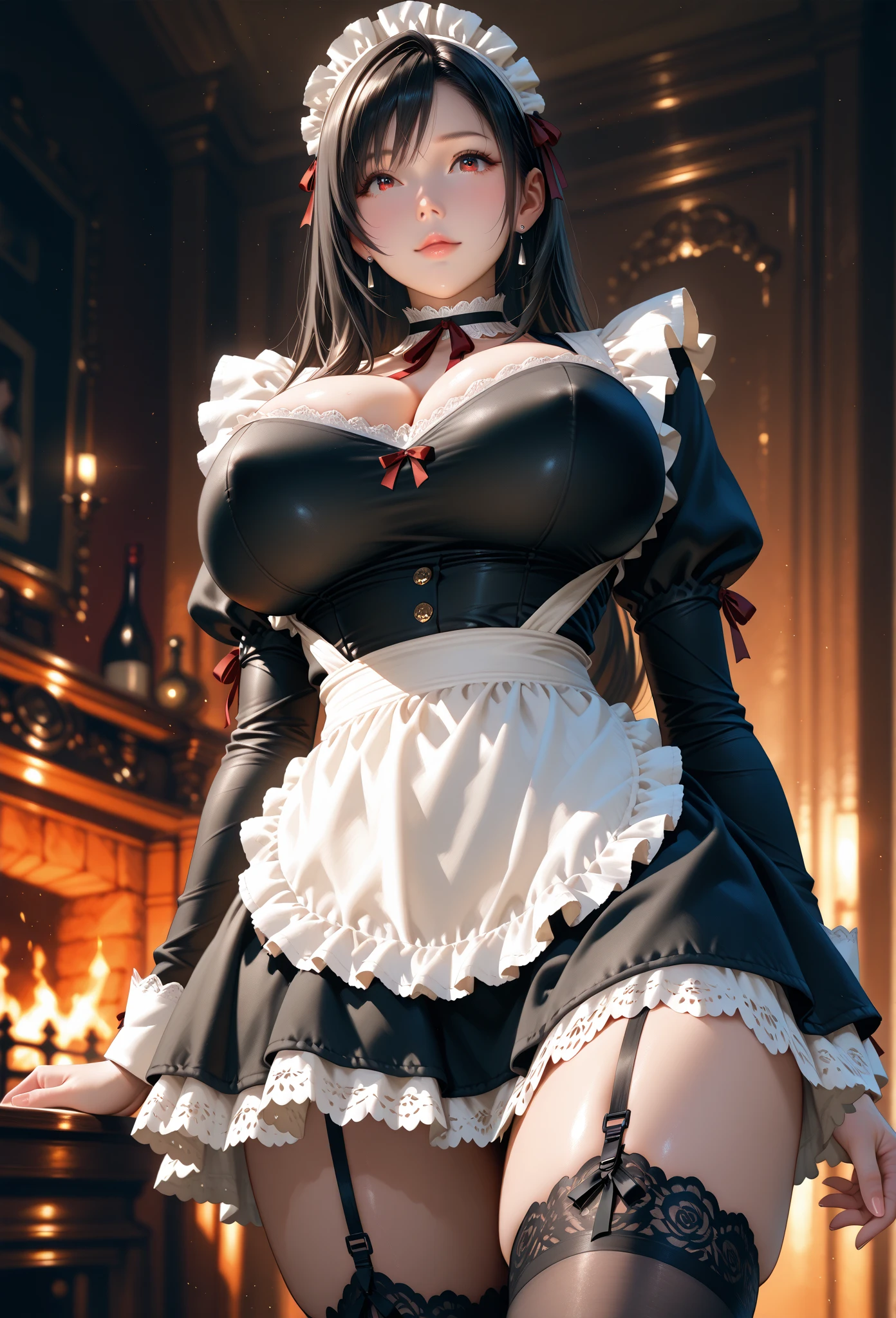 A proper young woman in Victorian times with enormous breast and sexy curves wearing a red and black Victorian era dress carrying a red and black parasol to match the dress in the park catching the eyes of every man around her.