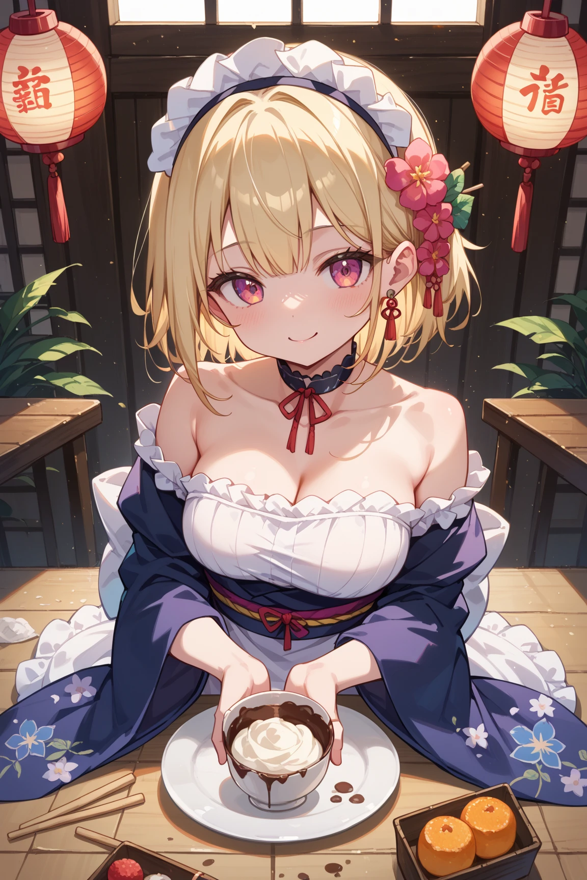 (A masterpice、of the best quality)、［独奏］、1girls、a blond、Medium hair、cleavage of the breast, Medium breasted, thights, Shy face、Embarrassing face、Kimono、Half-undressed kimono、