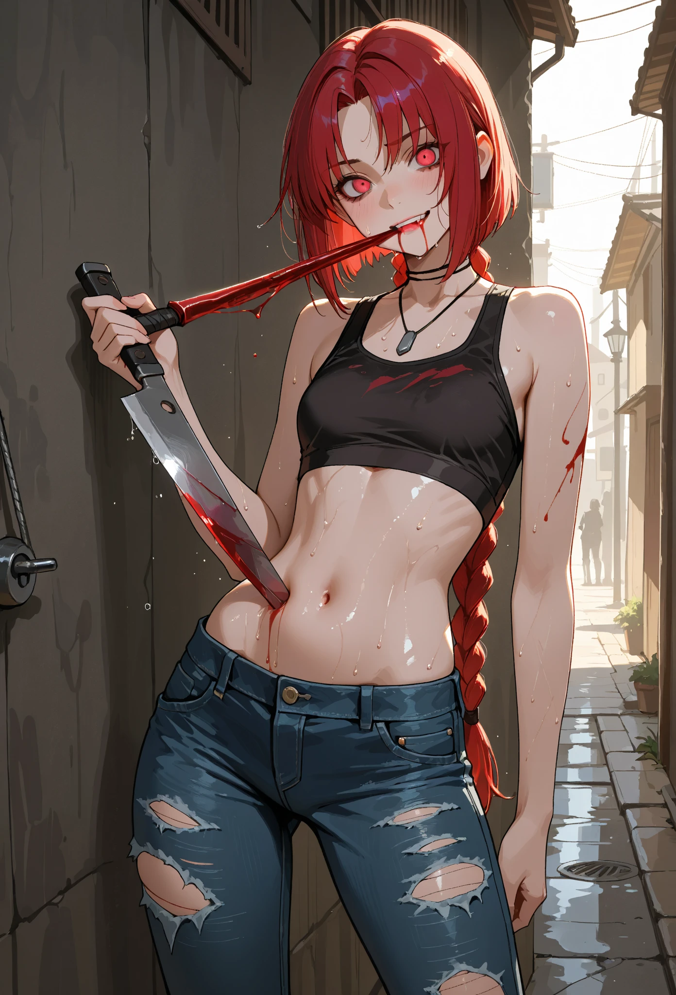 Our character has red hair and braided hair and blood streaks and a knife in his hand and a swimsuit and black shorts and in the background a scary park