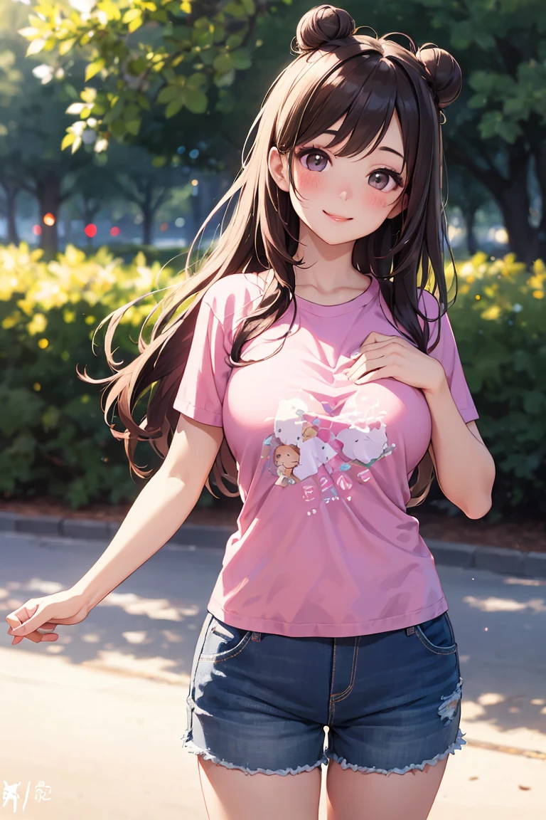 ((masterpiece,Highest quality;1.3,best illustration)),cowboy shot,1woman、25 year old beauty、独奏,((very small head:1.3)),brown hair,long hair,bangs,brown eyes,gorgeous eyes,blush,small breasts,((very long body:1.3)),((toned body,slender body,skinny)),gleaming skin,shiny skin,oily skin,(White T-shirt、denim micro shorts)、on street,Tokyo,