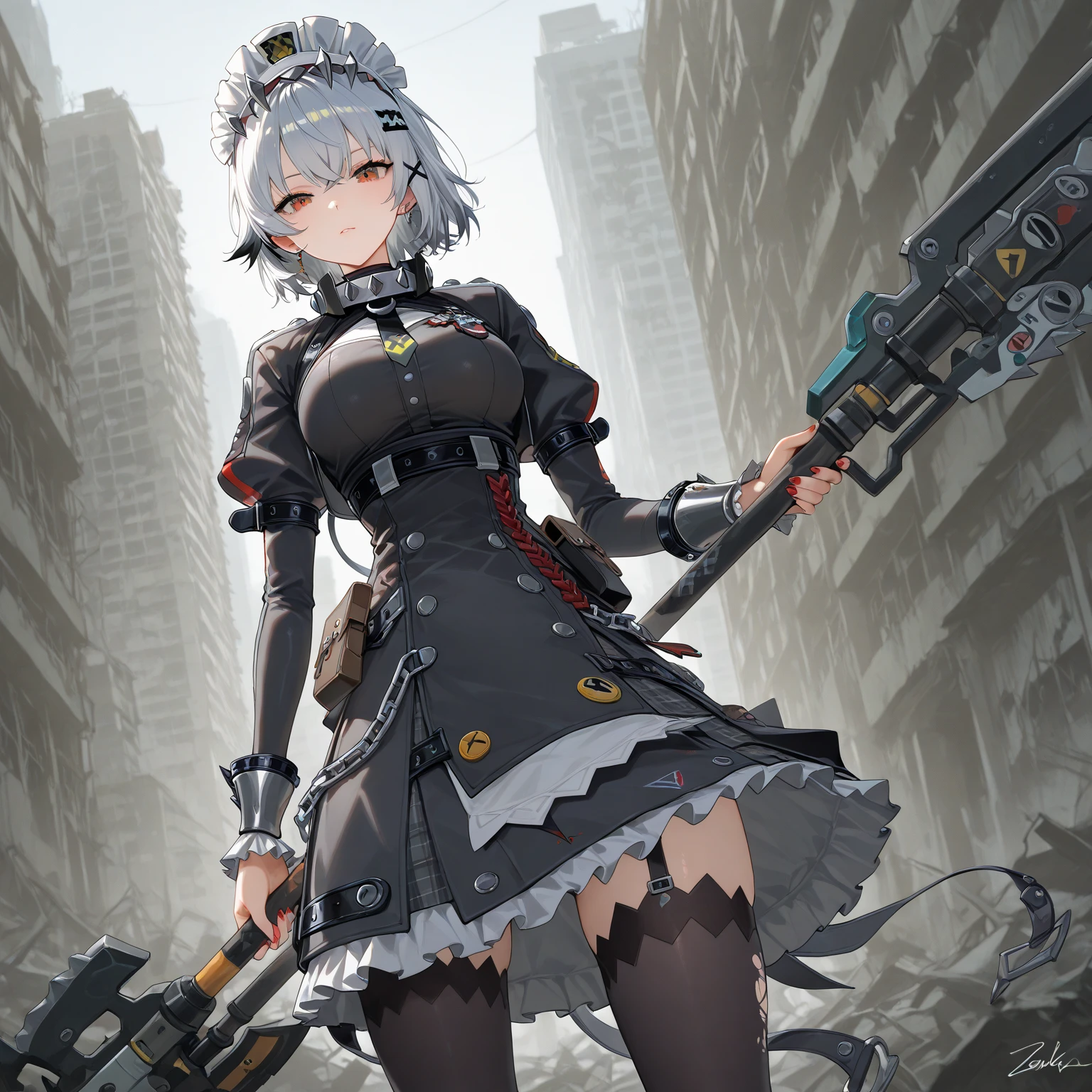 (8k, Realistic, RAW Photos, Highest quality, (from below:2), View your viewers: 1.3), (Fox Girl, Fox Ears, One Girl, Alone on the screen, dark skin, High definition, (boyish, Silver color very short hair), (Silver and blue odd eyes):1.4), とてもbeautiful, (Realistic Face), (maid apron, Clothes that are mainly black with red accents, Long skirt, Clothes with an open chest, (Mech Suit, mecha musume):1.5), (Body measurements: 88-55-77!, Height is 145 cm, Nice body, Big Breasts, skirt hold, slender, Accentuate the cleavage:1.6), Standing posture, A brilliance that captivates the viewer, beautiful expression, beautiful breasts, (Realistic Skin), beautiful...