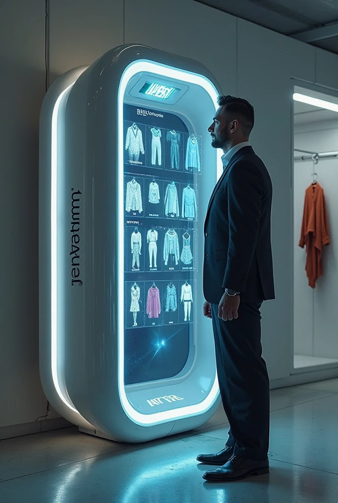  A booth that scans people with physical disabilities and models clothing suitable for them to place a person with dysmetria inside the booth. This booth has to be inside a clothing store. 
