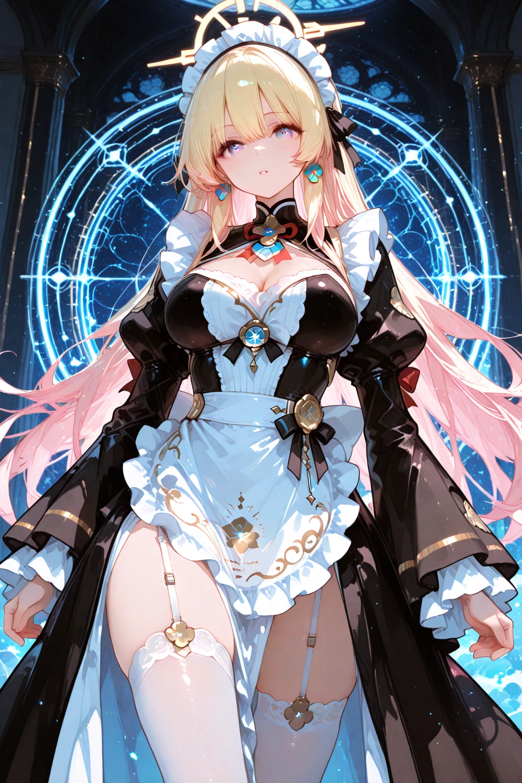 ((masterpiece)), (top quality), (best quality), ((ultra-detailed, 8k quality)), Aesthetics, Cinematic lighting, soft semi-backlit light, (detailed line art), absurdres, (best composition), (high-resolution), (fractal art:1.3),
BREAK,
artistic illustration, Beautiful Cyberpunk witch (elf) Female, beautiful detailed eyes, (intricate detailed design), vivid colors, swimwitch familiar female,wearing cyberpunk techwear (gothic_lolita:1.2), high heels, skin tight, black lace thighhighs, lace gloves, nihils smile, jewelry, (goggles cyberpunk style), psychedelic, whimsical, ((fisheye, perspective)), Squids, (magic circle), prism bubbles, many Water columns magic circle, (intricate detailed magic circle), (Cyberpunk style),
BREAK,
highly detailed of (elf), (1girl), solo, perfect face, details eye, ahoge, (hair loop:1.2), blonde white shining hair, (braided bangs:1.1), blue eyes, shining eyes, (beautiful detailed eyelashes, eyeshadow, pink eyeshadow), open mouth, design art by Mikimoto Haruhiko, by Kawacy, By Yoshitaka Amano,
BREAK, 
((perfect anatomy)), perfect body, Abs, medium breast, perfect hands, perfect face, beautiful face, beautiful eyes, perfect eyes, (perfect fingers, deatailed fingers), correct anatomy, perfect legs,
