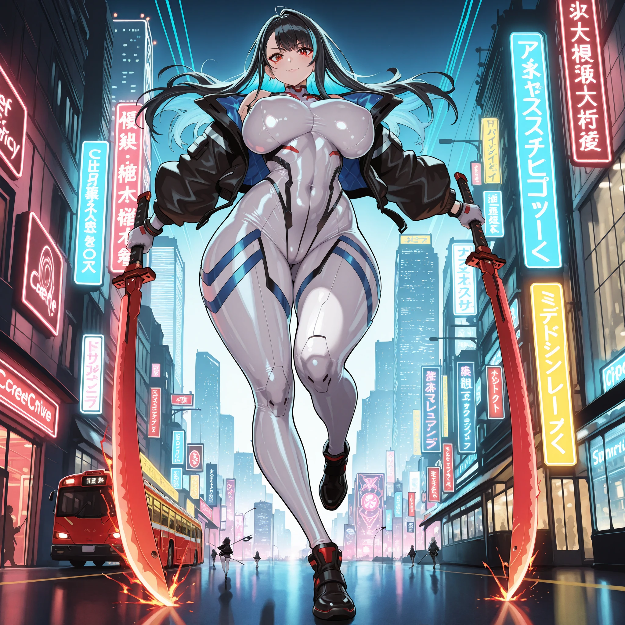 Standing in the city、Action pose、Full body cyber girl with ponytail. Beautiful Face. ((Big Breasts))、((Big Butt))、silver hair、Tiny swimsuit、