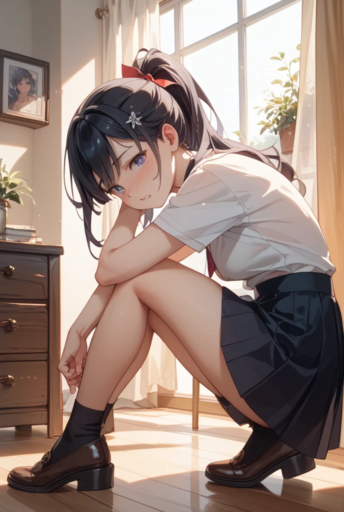 1 flight attendant, 独奏, White high heels, White transparent skinny shirt, Pleated mini-skirt, tmasterpiece, best qualtiy, realisticlying, ultra - detailed, (shiny skins, perspired:1.4), absurderes, looking at viewert, With short black hair, with brown eye,slender,dynamic light and shadow,hight resolution,Sharp Focus, Sharp pupils, Squatting Pose,black pantyhose,cleanness,stockings,blackstockings,cropped shoulders,tiptoes,Dark red underwear