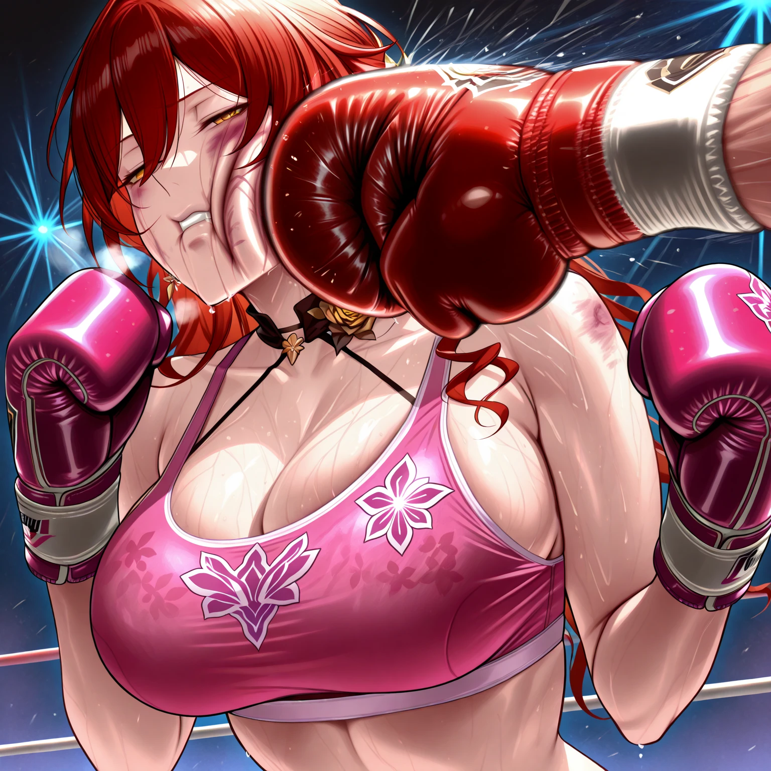 Mature woman boxer, reddish brown hair, long hair, sexy lips, purple leotard, red lip, (((boxing gloves)), brown skin, two women, absent-minded, ((being punched by another dark-haired woman)), ((belly punch))), sweat and saliva all over the body, inferiority, on the verge of fainting, steam, bedroom, (((boxing play)), body blow