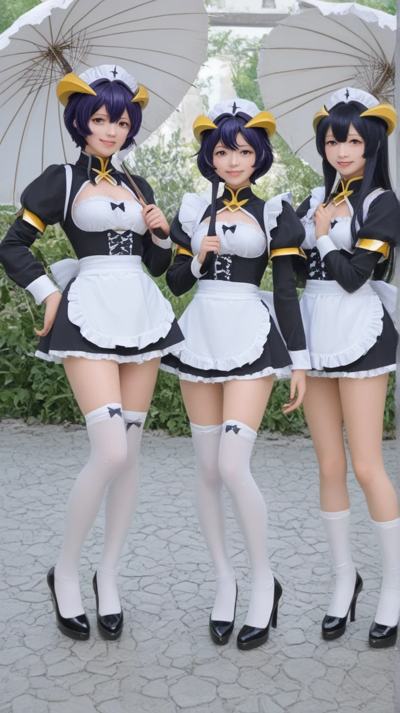 ((full body):1.5), {(Princess Zelda)}, {((wearing extremely tight-fitting black maid outfit, very short white embroidered skirt))}, {Princess Zelda has ((very short purple hair , green eyes)), ((has extremely gigantic breasts))}, she is looking at the viewer, {((expression of joy and happiness))}, ((is doing erotic poses))}, {Background: (((she is in a hotel room with 3 men staring))) at her},16k, high quality, high detail, UHD