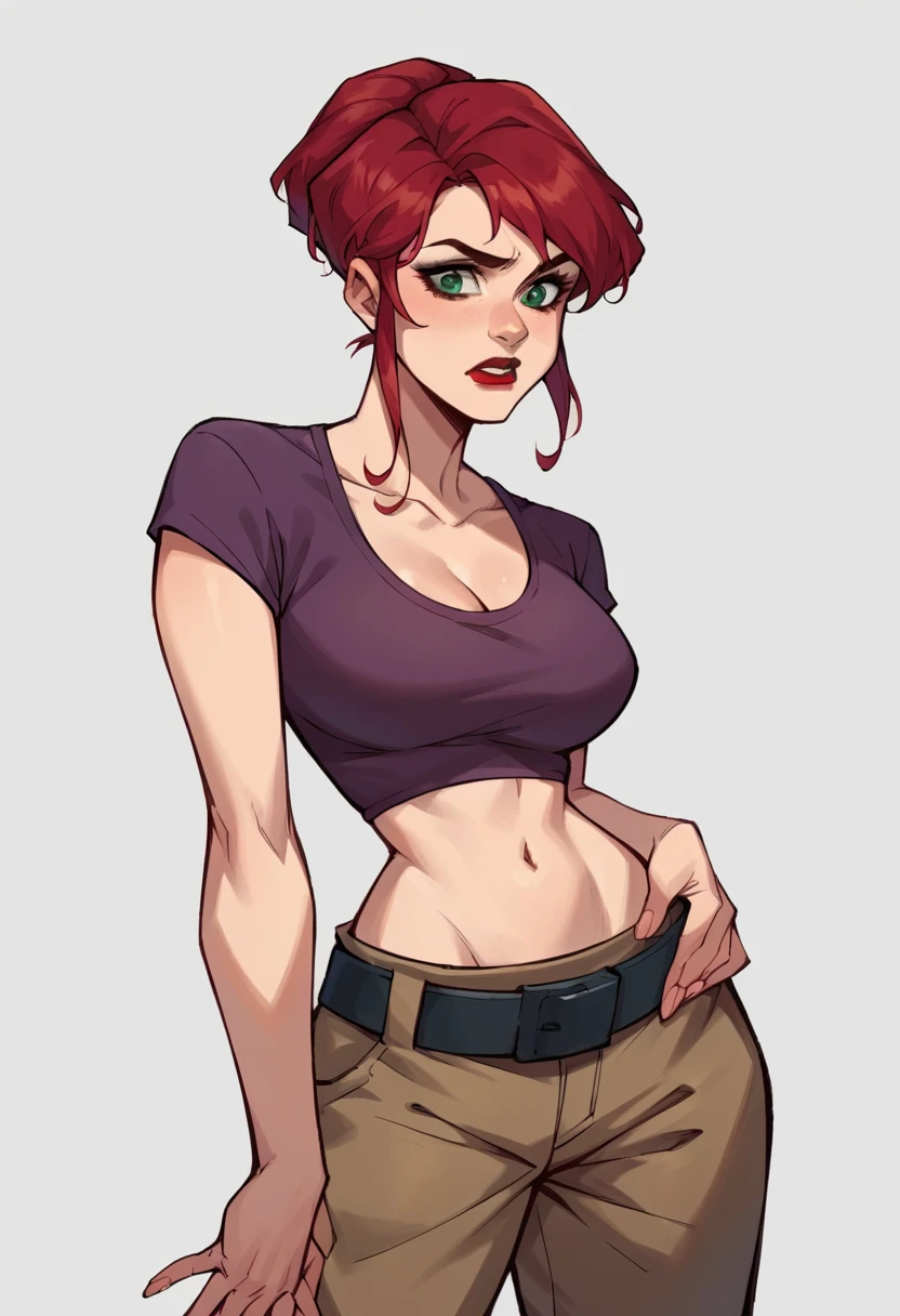 tight pants, black clothes, Street mode, streetwear, uma menina, pequena, fat, chubby, brown skin, boxe pose, large body, long orange hair, corpo todo, standing on her feet, studio background, childish appearance, maquiagem, mascara, Lips are soft or colored, fundo preto simples, minimalismo, monotone, paletas de cores simples, limpo, Crisp drawings, silhuetas fluidas,, camisas curta, Asymmetric, geometric, Materiais e designs elegantes e luxuosos, Simple and minimalist accessories, Necklaces and thin rings in silver or gold, Pulseiras simples, Designs diferentes, silhuetas simples, estilo simples e sofisticado, elegence, minimalismo, materiais de alta qualidade, Fresh and urban printing, alta moda, Simplicity and sophistication, sexy, Erotic, decote, youthful appearance