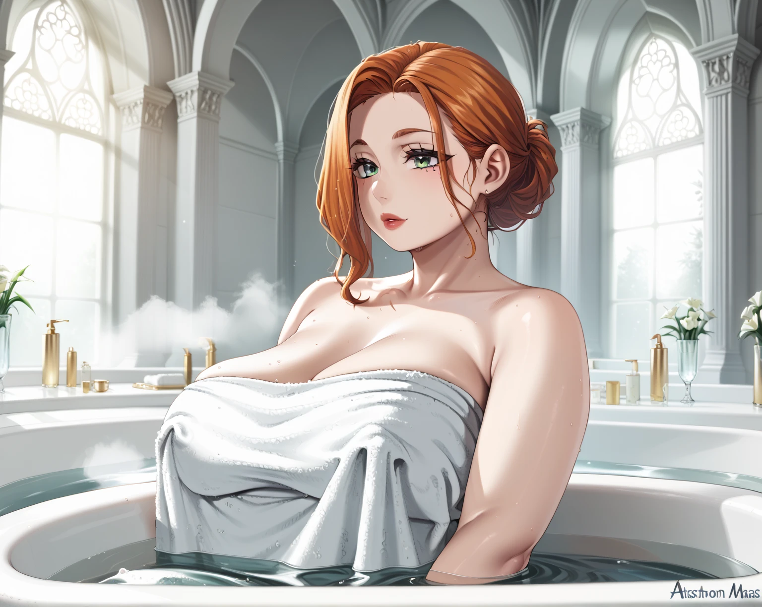 1girl, 35yo, mature, redhead, sorceress, Triss Merigold wrapped in a bath towel, standing inside a tent, daylight coming from open door to her face