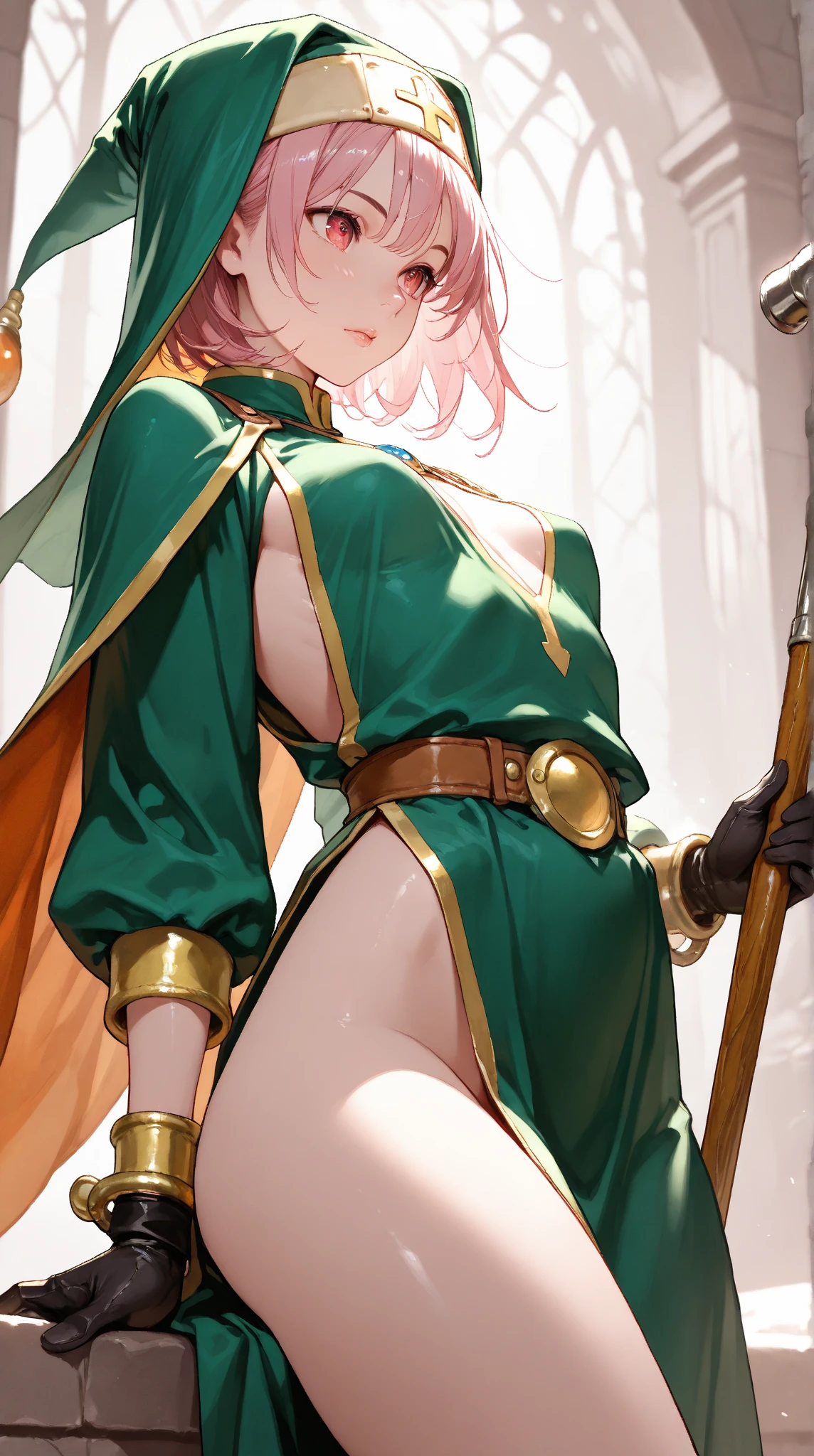 masterpiece, best quality, warHapi, earrings, circlet, underbust, green cape, pelvic curtain, thigh boots, large breasts, feh, black background, background, standing, purple magic, magic, casting magic, whole body